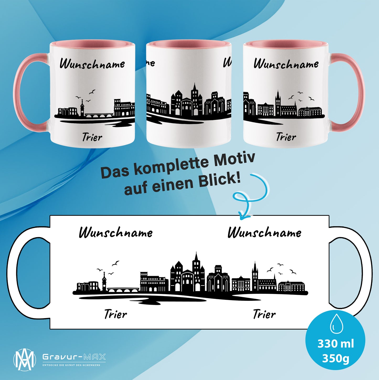 Tasse in Rosa 330ml bedruckt mit der Skyline von Trier personalisierbar mit Wunschname