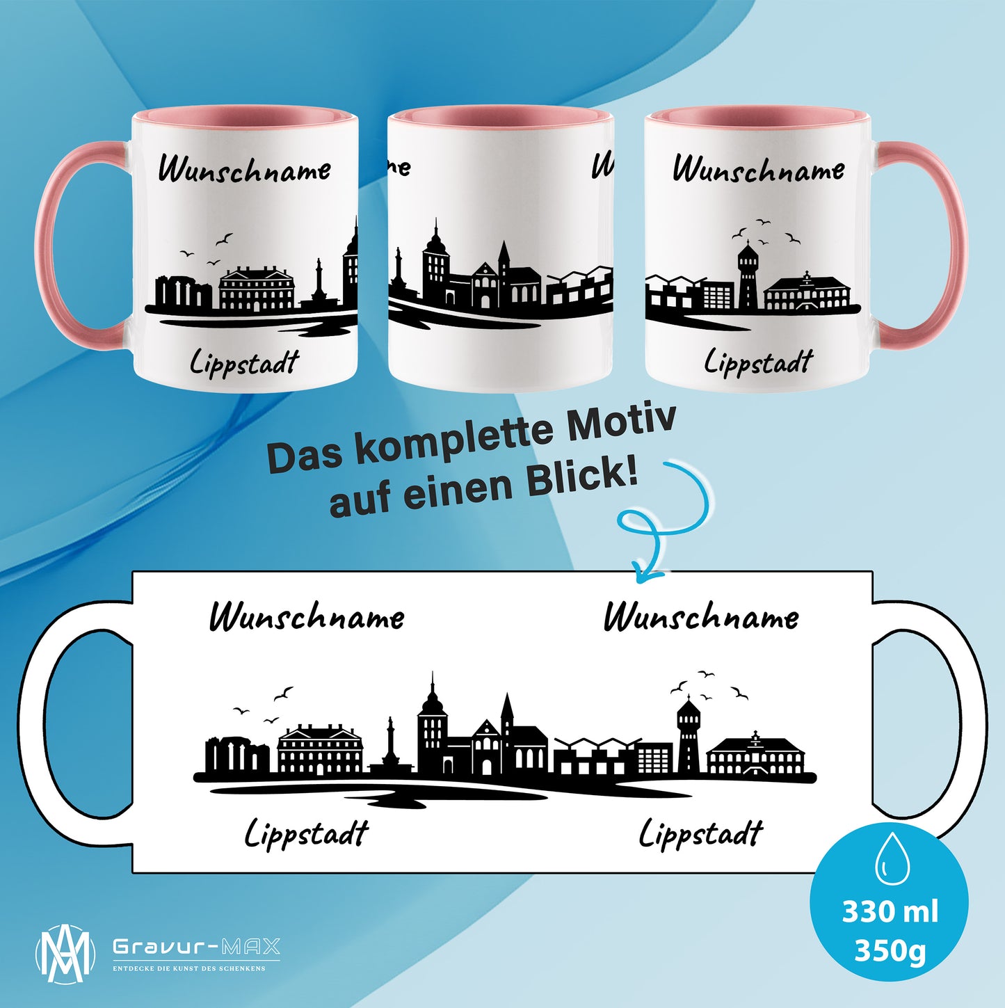 Tasse in Rosa 330ml bedruckt mit der Skyline von Lippstadt personalisierbar mit Wunschname