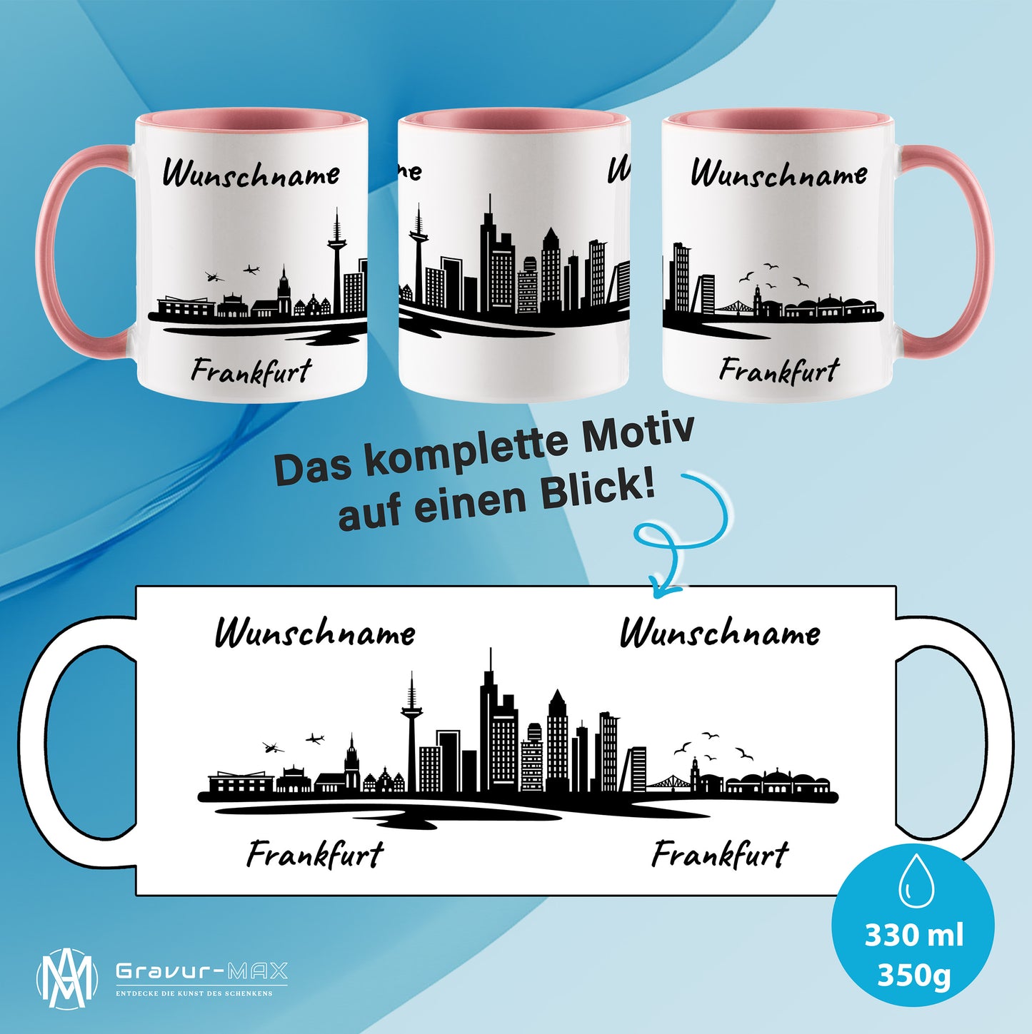 Tasse in Rosa 330ml bedruckt mit der Skyline von Frankfurt personalisierbar mit Wunschname