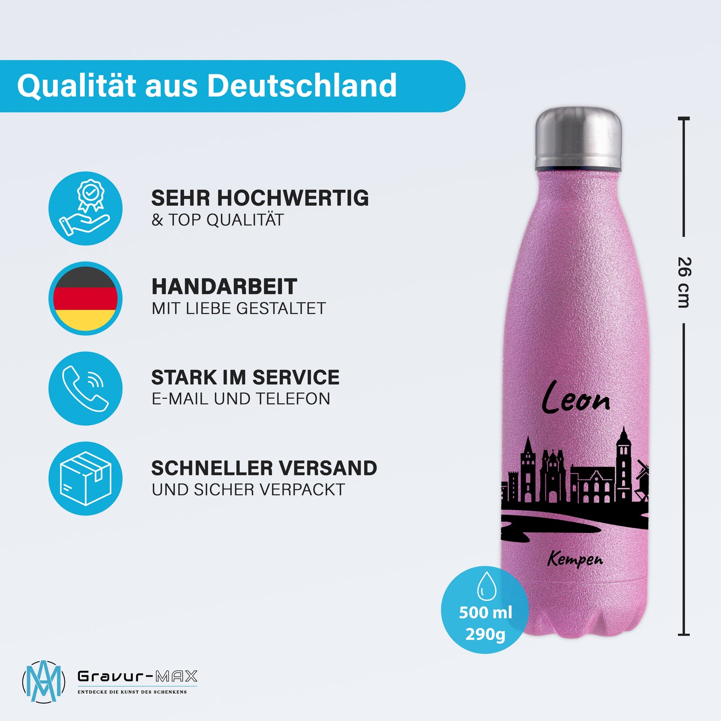 Glitzer Trinkflasche in Rosa 500ml aus Edelstahl bedruckt mit der Skyline von Kempen personalisierbar mit Wunschname