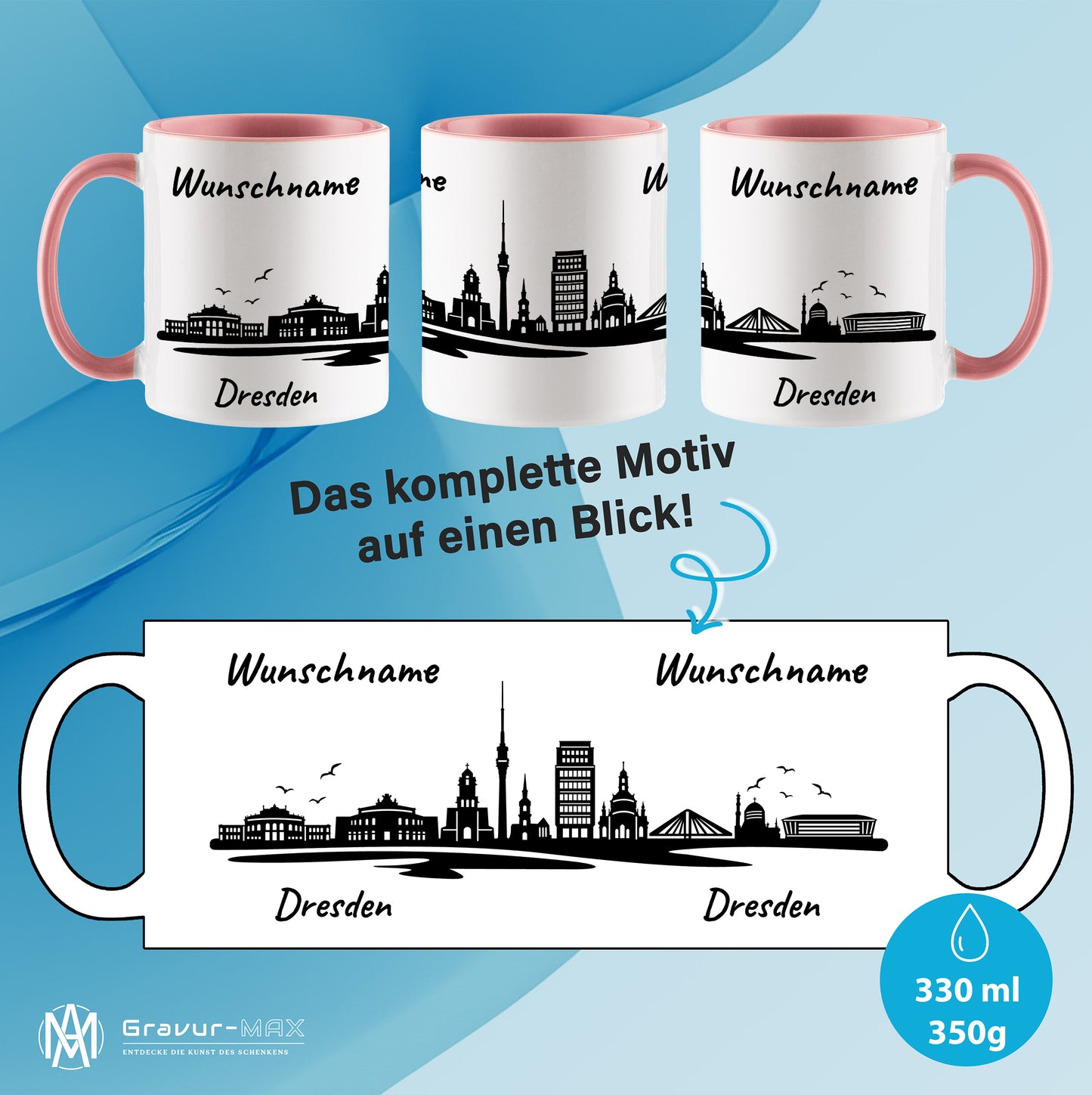 Tasse in Rosa 330ml bedruckt mit der Skyline von Dresden personalisierbar mit Wunschname