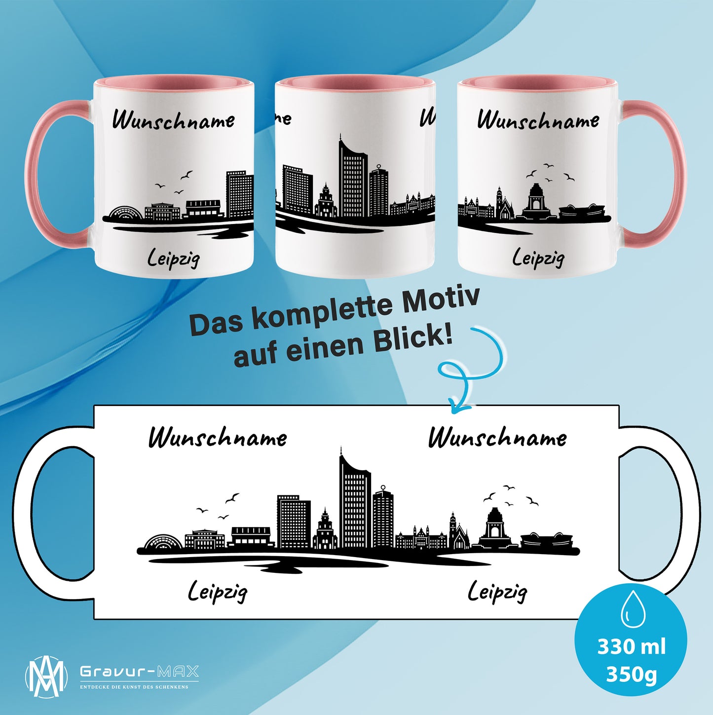 Tasse in Rosa 330ml bedruckt mit der Skyline von Leipzig personalisierbar mit Wunschname