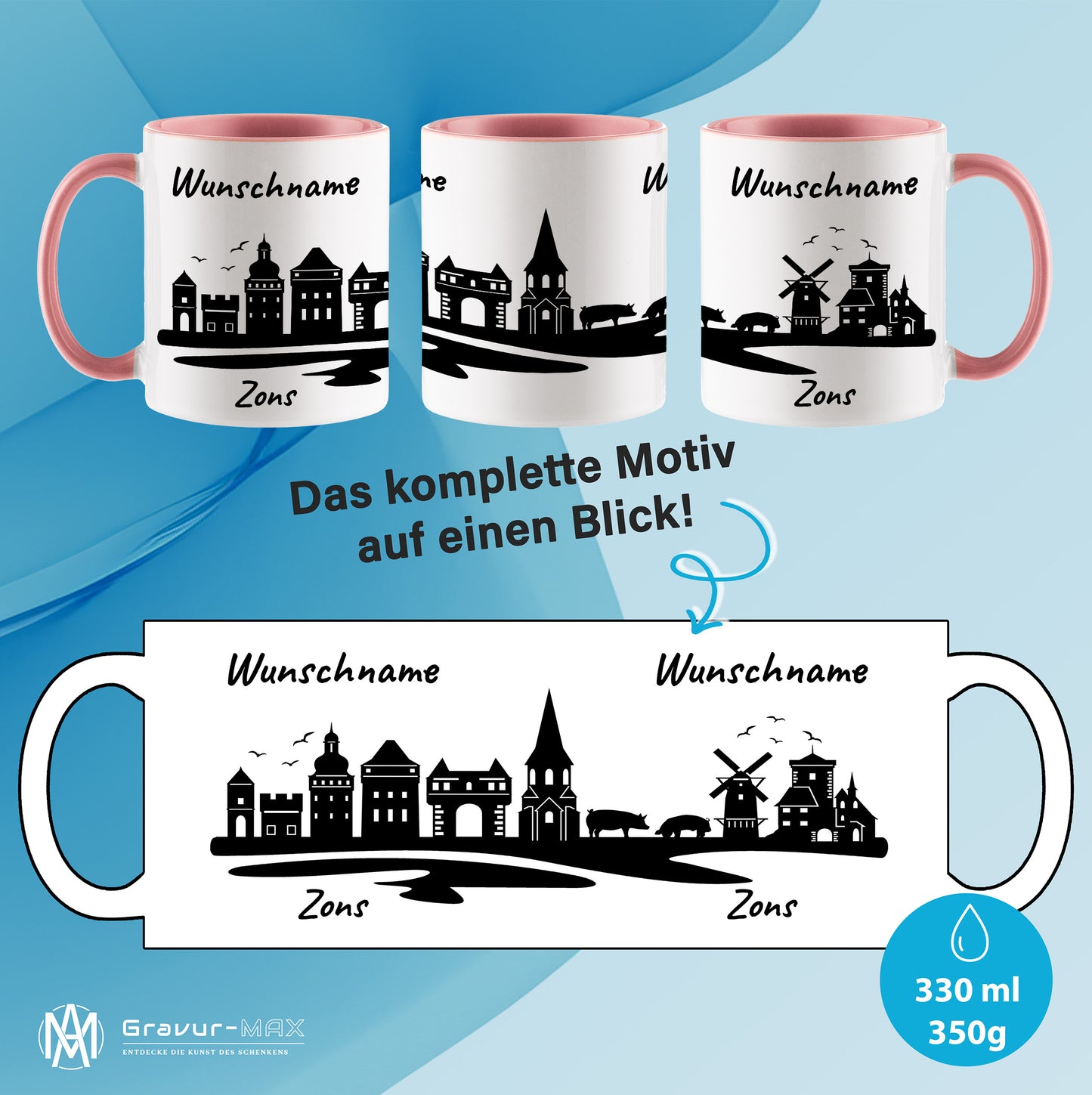 Tasse in Rosa 330ml bedruckt mit der Skyline von Zons (Dormagen) personalisierbar mit Wunschname