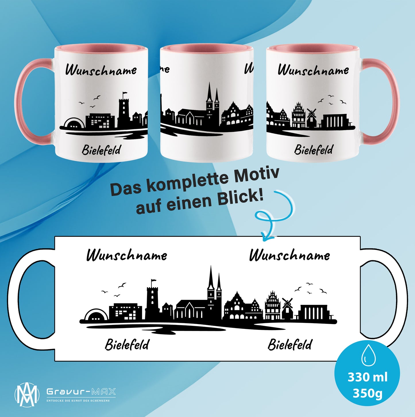 Tasse in Rosa 330ml bedruckt mit der Skyline von Bielefeld personalisierbar mit Wunschname