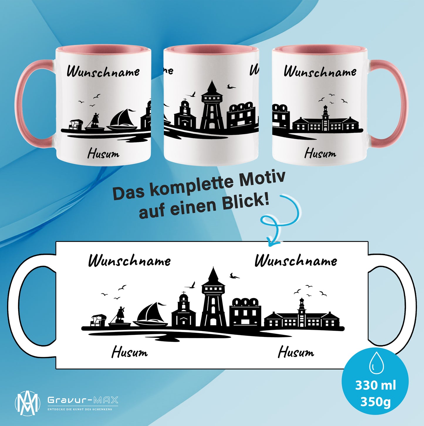 Tasse in Rosa 330ml bedruckt mit der Skyline von Husum personalisierbar mit Wunschname