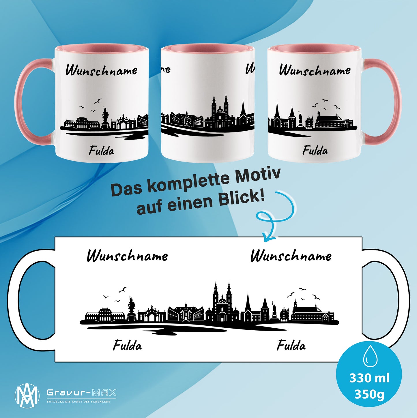 Tasse in Rosa 330ml bedruckt mit der Skyline von Fulda personalisierbar mit Wunschname