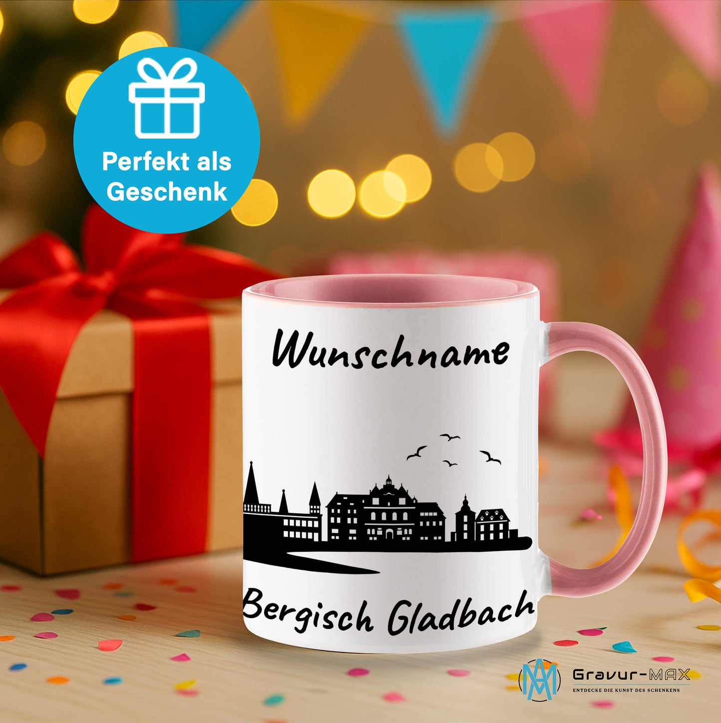 Tasse in Rosa 330ml bedruckt mit der Skyline von Bergisch Gladbach personalisierbar mit Wunschname