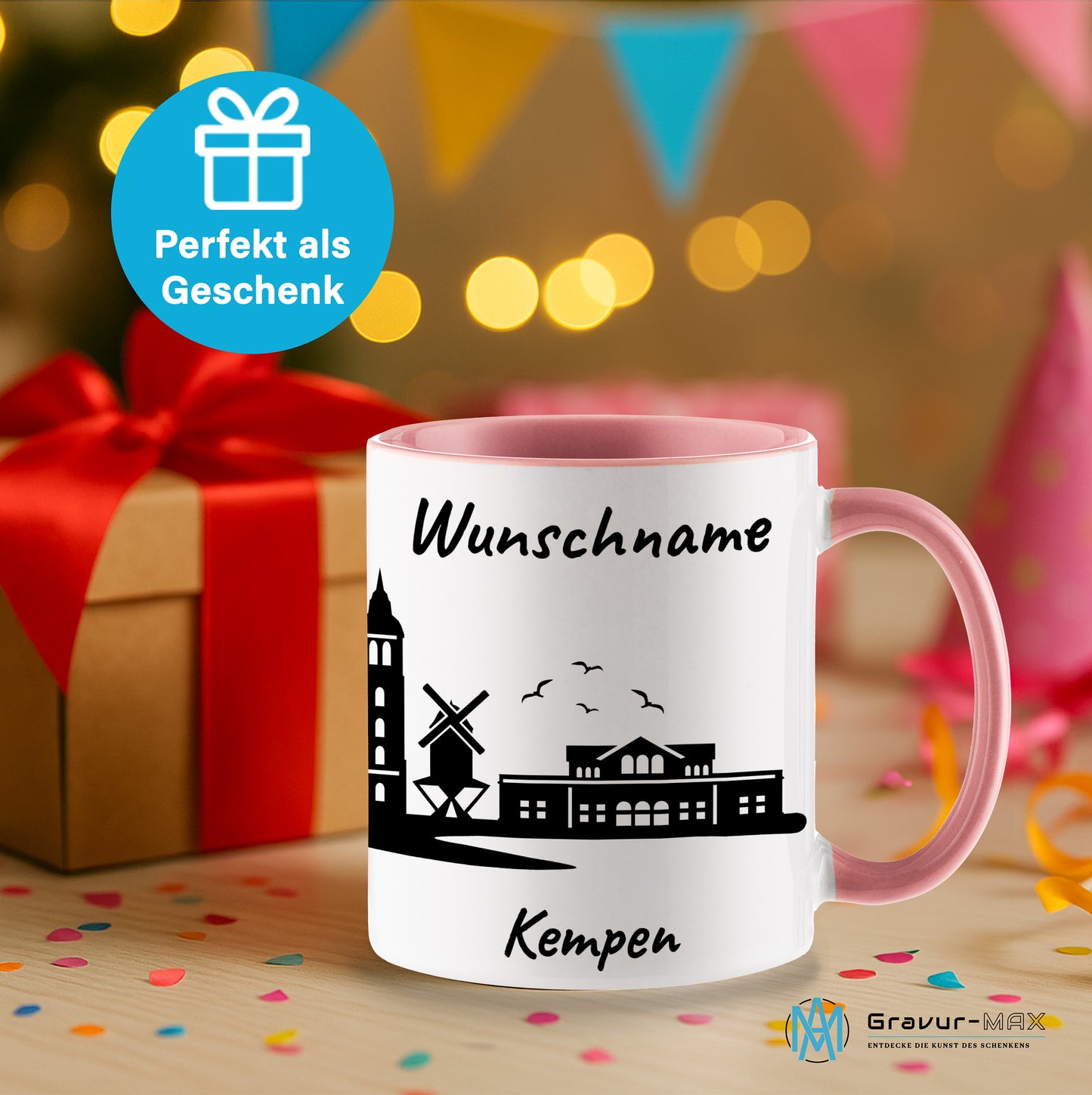 Tasse in Rosa 330ml bedruckt mit der Skyline von Kempen personalisierbar mit Wunschname