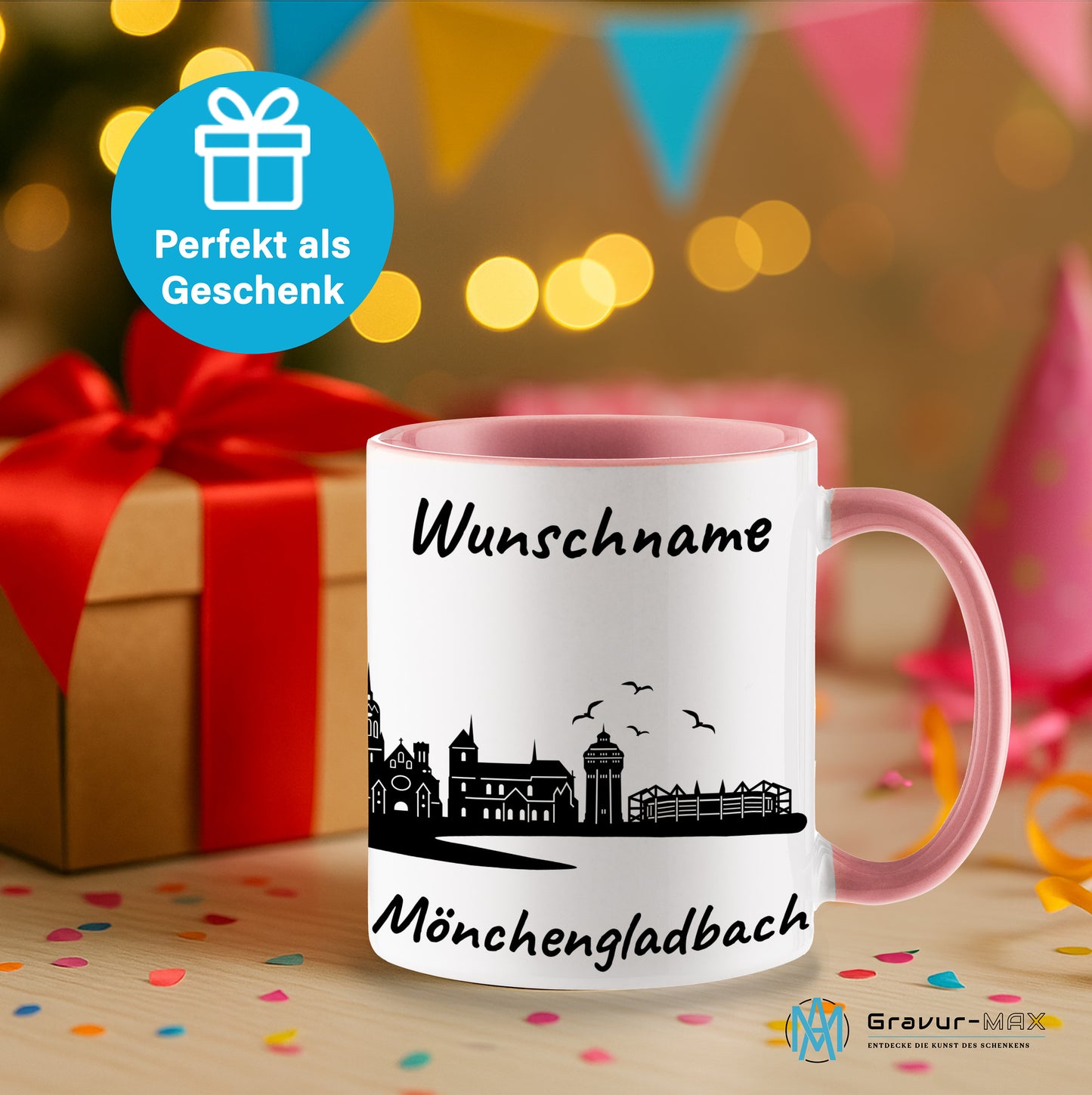 Tasse in Rosa 330ml bedruckt mit der Skyline von Mönchengladbach personalisierbar mit Wunschname