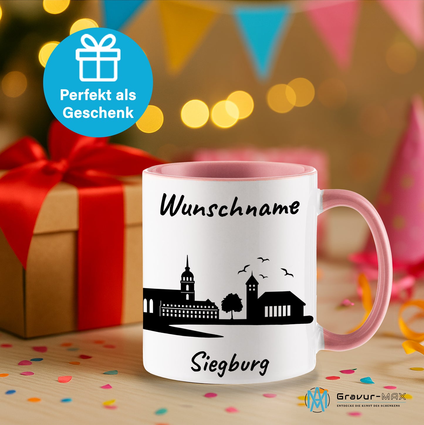 Tasse in Rosa 330ml bedruckt mit der Skyline von Siegburg personalisierbar mit Wunschname
