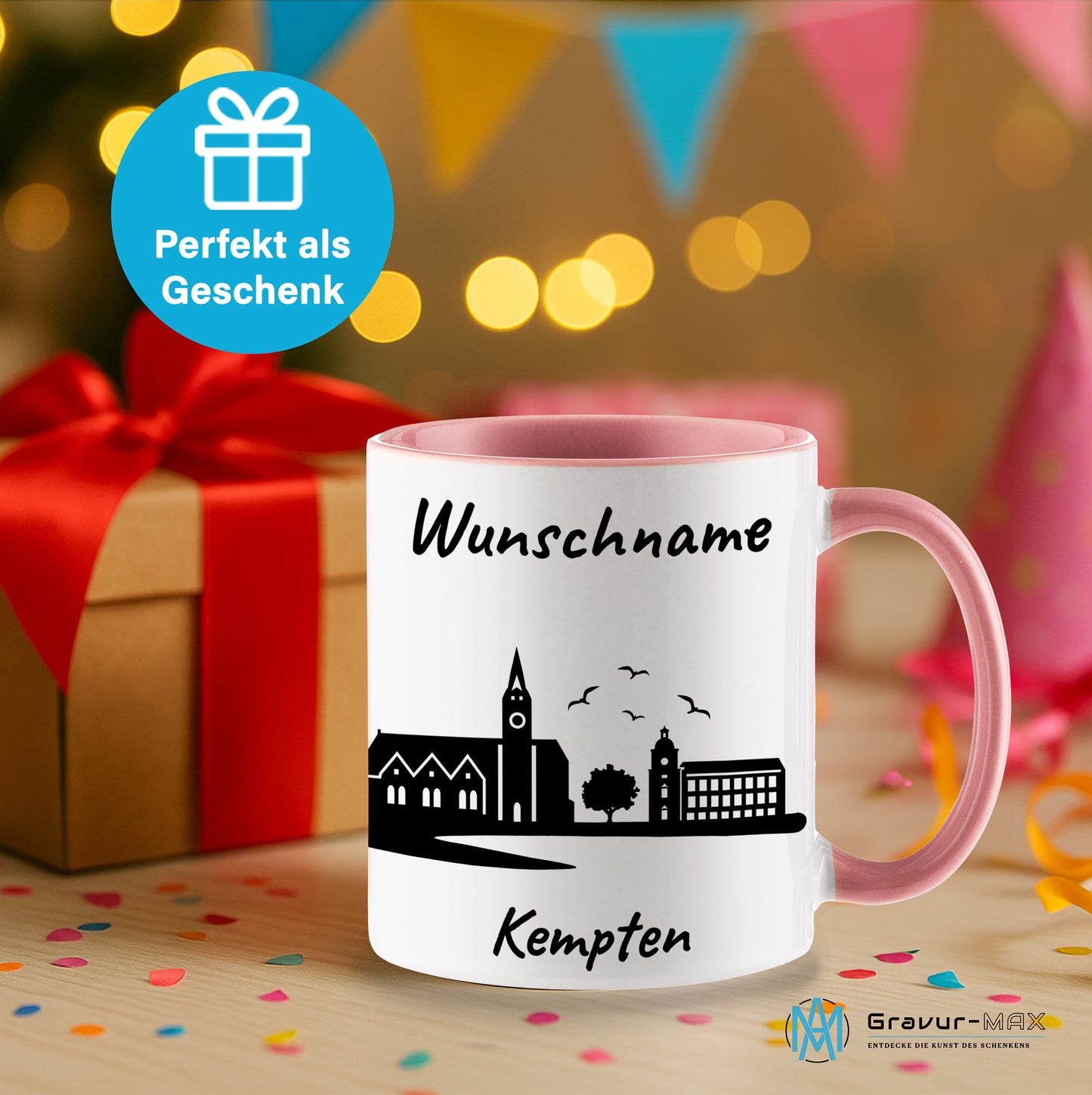 Tasse in Rosa 330ml bedruckt mit der Skyline von Kempten personalisierbar mit Wunschname