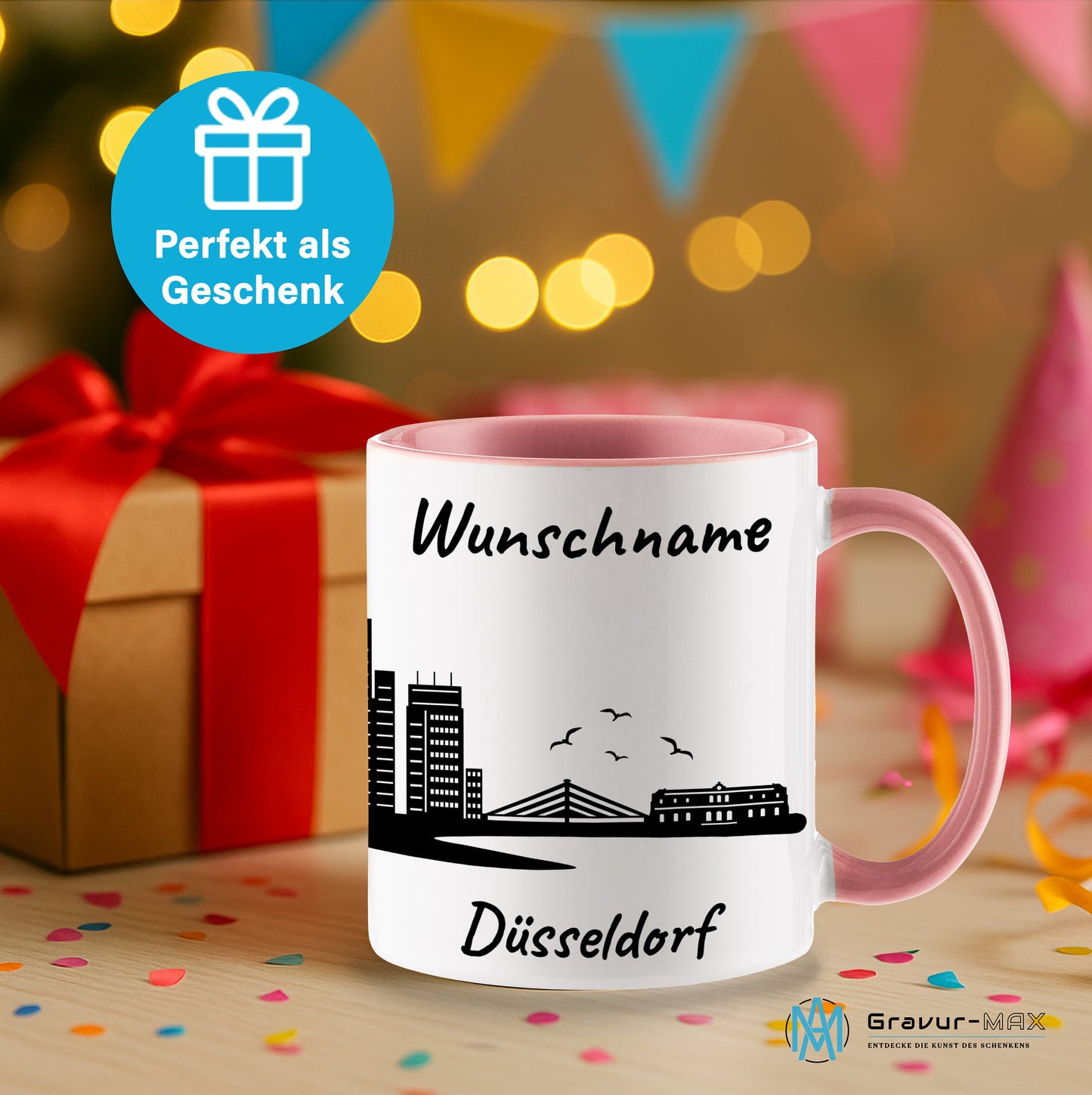 Tasse in Rosa 330ml bedruckt mit der Skyline von Düsseldorf personalisierbar mit Wunschname