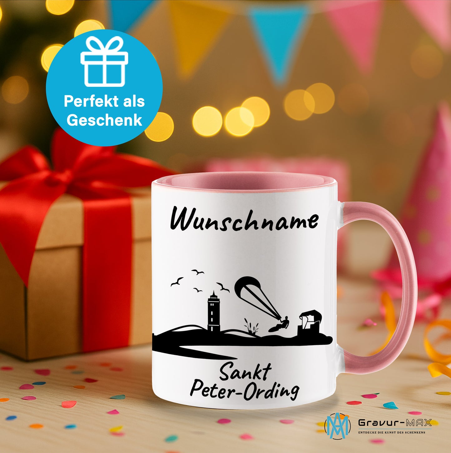 Tasse in Rosa 330ml bedruckt mit der Skyline von Sankt Peter-Ording personalisierbar mit Wunschname