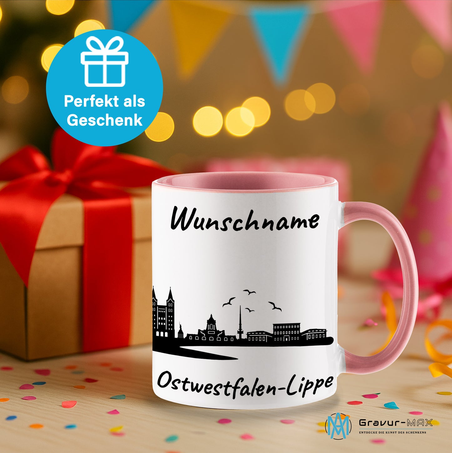 Tasse in Rosa 330ml bedruckt mit der Skyline von Ostwestfalen-Lippe personalisierbar mit Wunschname