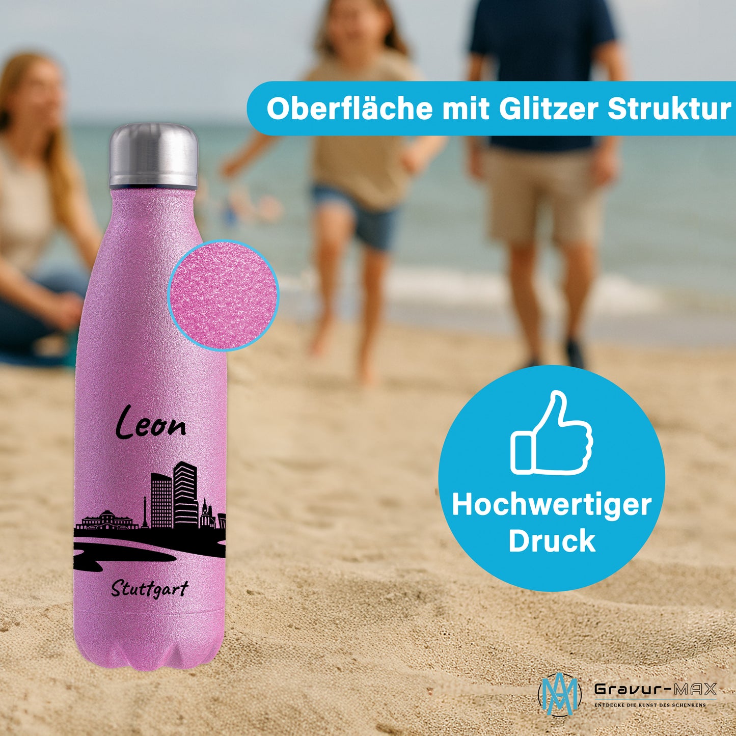 Glitzer Trinkflasche in Rosa 500ml aus Edelstahl bedruckt mit der Skyline von Stuttgart personalisierbar mit Wunschname