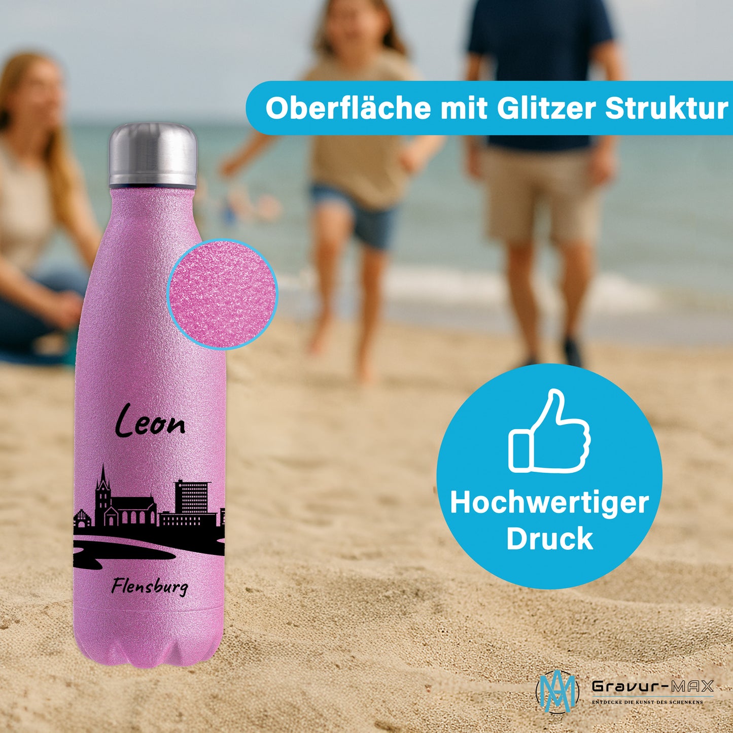 Glitzer Trinkflasche in Rosa 500ml aus Edelstahl bedruckt mit der Skyline von Flensburg personalisierbar mit Wunschname