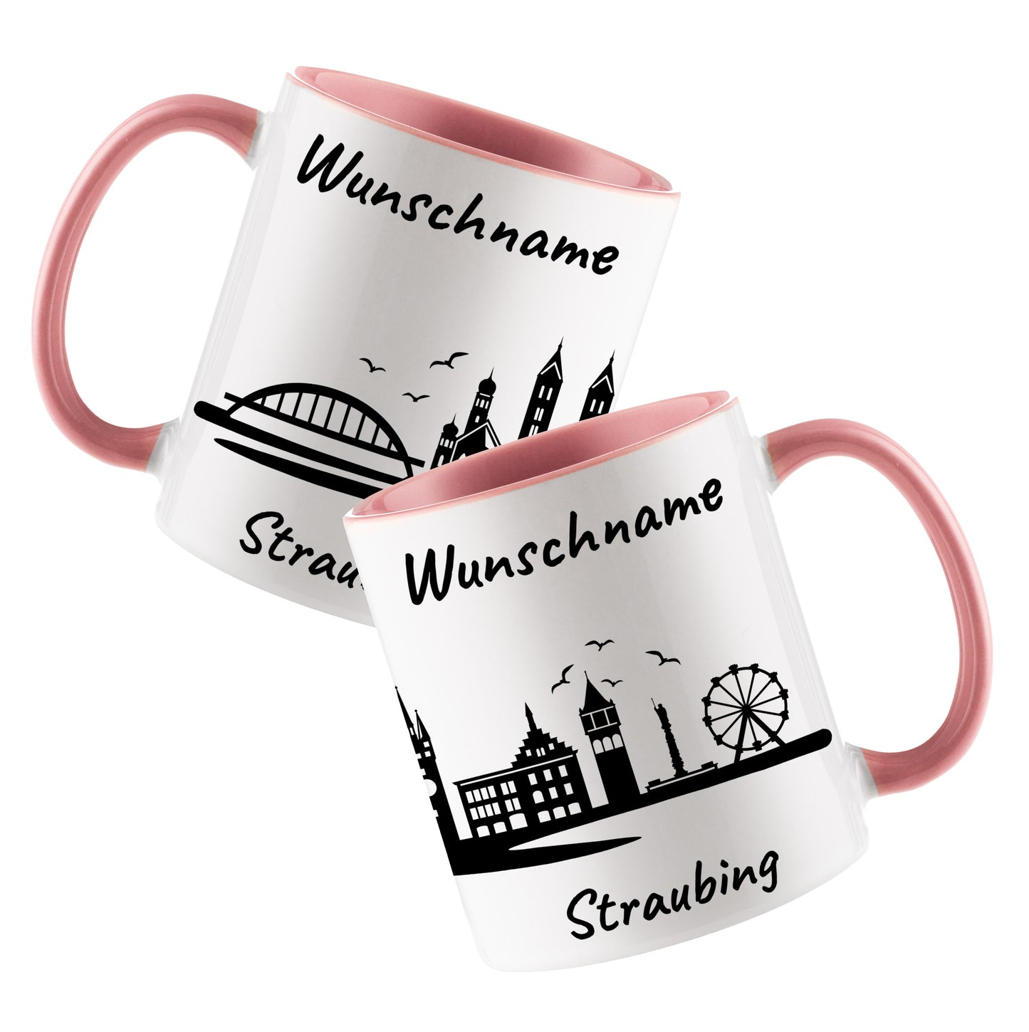 Tasse in Rosa 330ml bedruckt mit der Skyline von Straubing personalisierbar mit Wunschname