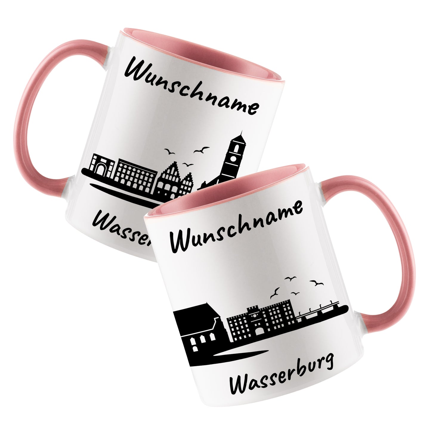 Tasse in Rosa 330ml bedruckt mit der Skyline von Wasserburg personalisierbar mit Wunschname