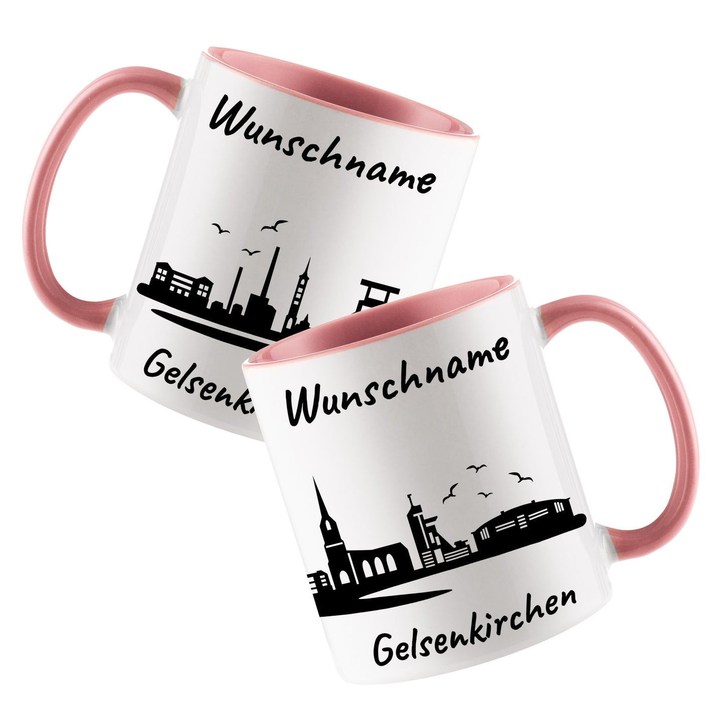Tasse in Rosa 330ml bedruckt mit der Skyline von Gelsenkirchen personalisierbar mit Wunschname