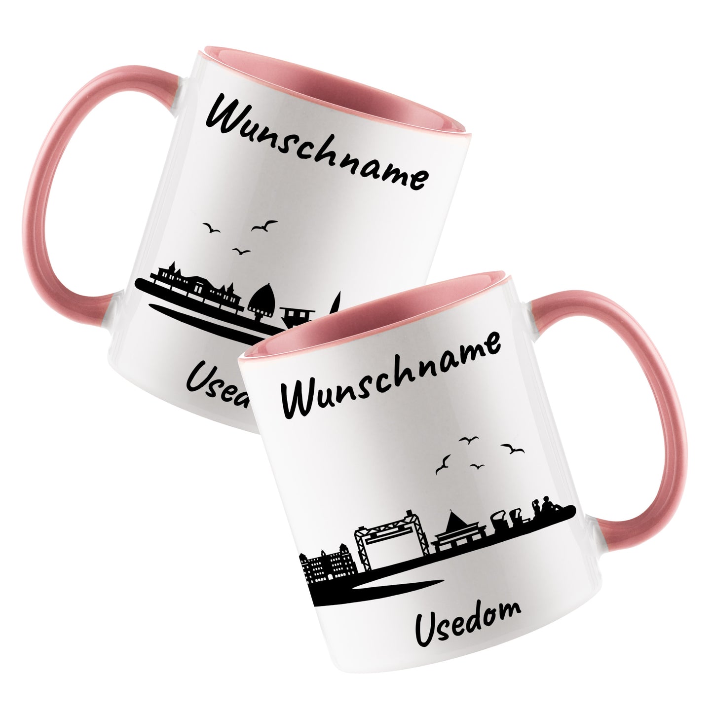 Tasse in Rosa 330ml bedruckt mit der Skyline von Usedom personalisierbar mit Wunschname