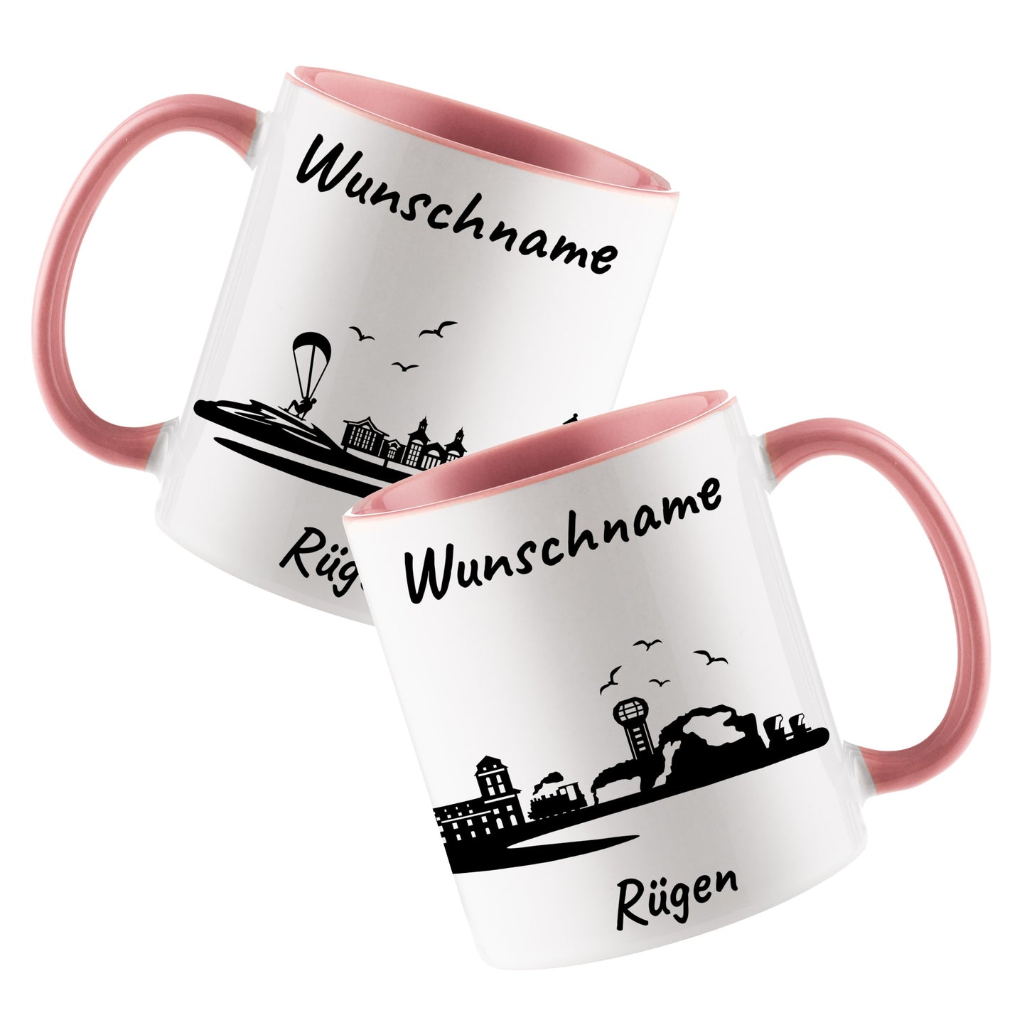 Tasse in Rosa 330ml bedruckt mit der Skyline von Rügen personalisierbar mit Wunschname