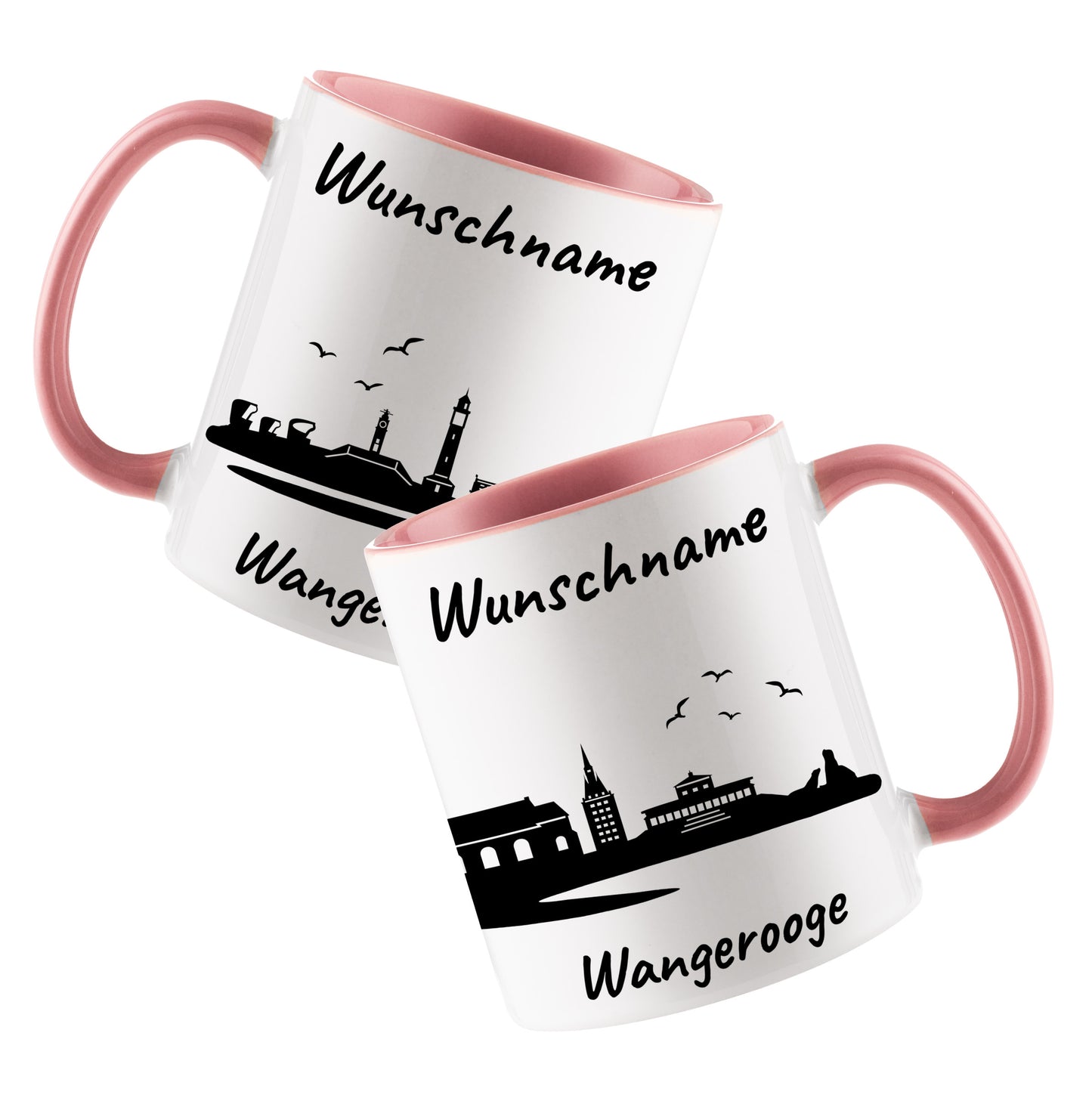 Tasse in Rosa 330ml bedruckt mit der Skyline von Wangerooge personalisierbar mit Wunschname
