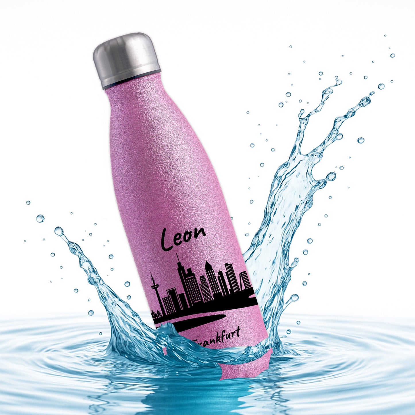 Glitzer Trinkflasche in Rosa 500ml aus Edelstahl bedruckt mit der Skyline von Frankfurt personalisierbar mit Wunschname
