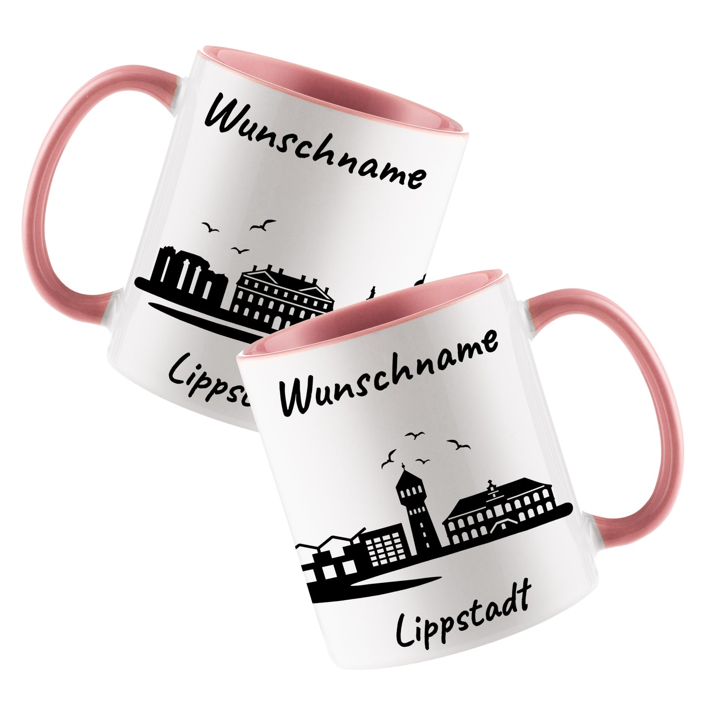 Tasse in Rosa 330ml bedruckt mit der Skyline von Lippstadt personalisierbar mit Wunschname