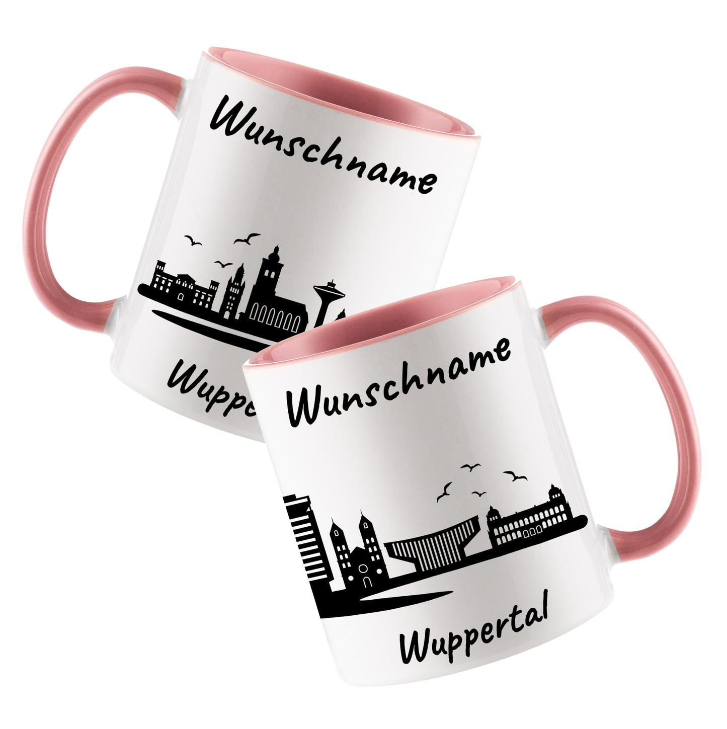 Tasse in Rosa 330ml bedruckt mit der Skyline von Wuppertal personalisierbar mit Wunschname