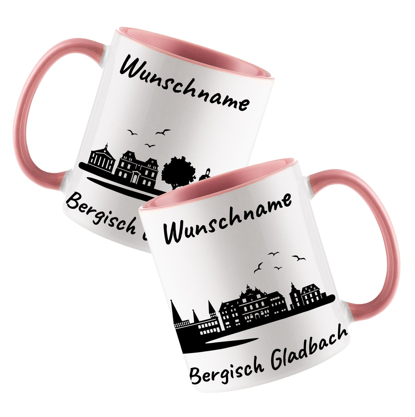 Tasse in Rosa 330ml bedruckt mit der Skyline von Bergisch Gladbach personalisierbar mit Wunschname