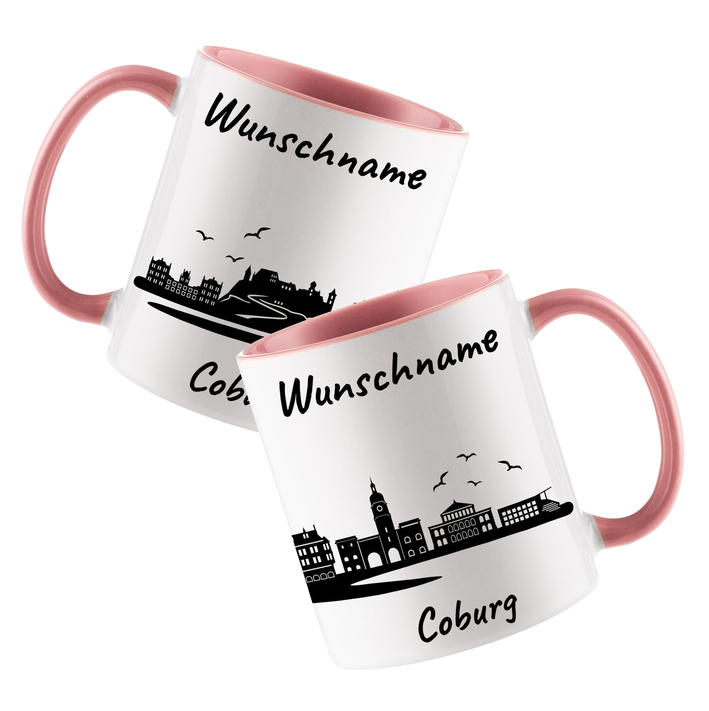 Tasse in Rosa 330ml bedruckt mit der Skyline von Coburg personalisierbar mit Wunschname