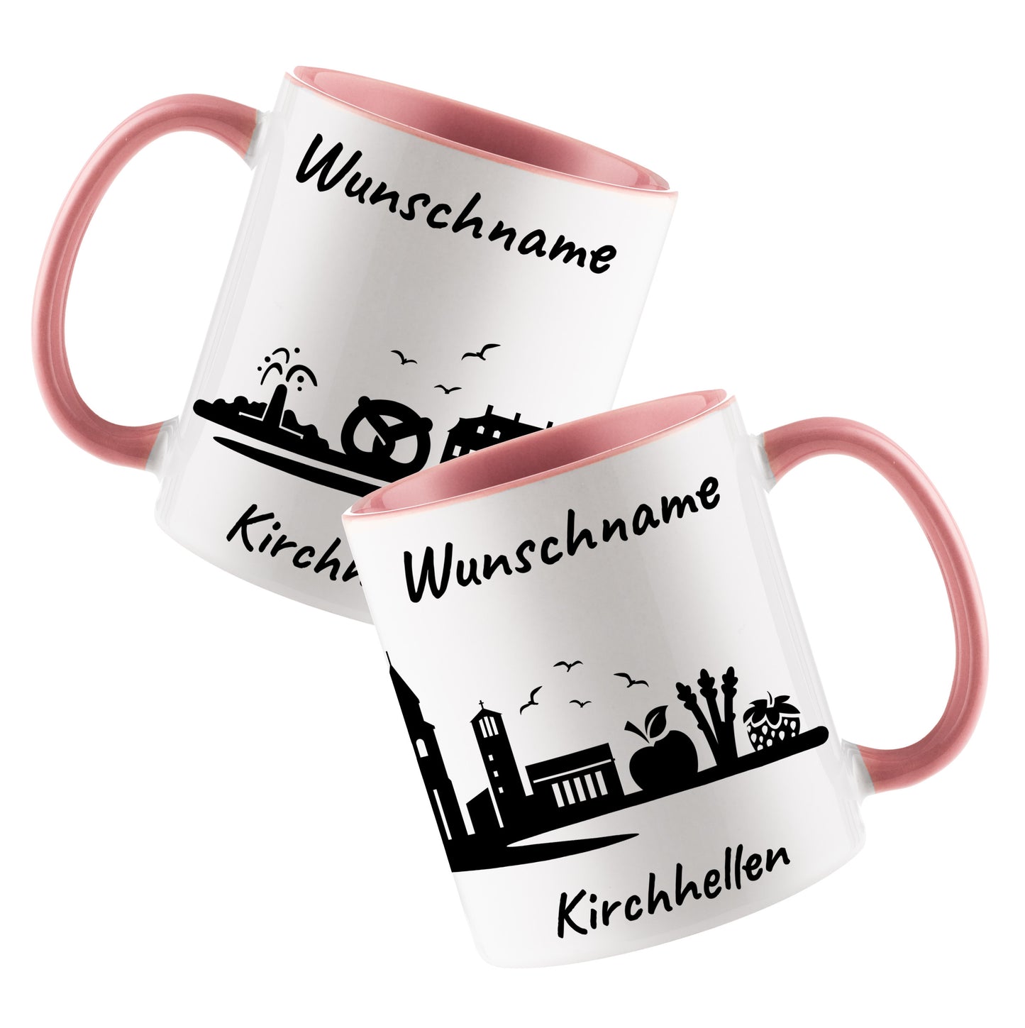 Tasse in Rosa 330ml bedruckt mit der Skyline von Kirchhellen personalisierbar mit Wunschname