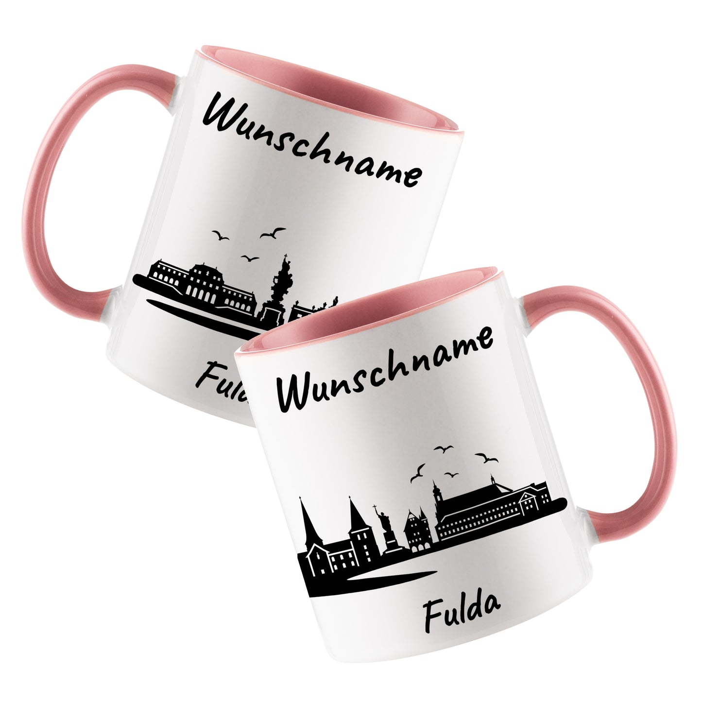 Tasse in Rosa 330ml bedruckt mit der Skyline von Fulda personalisierbar mit Wunschname