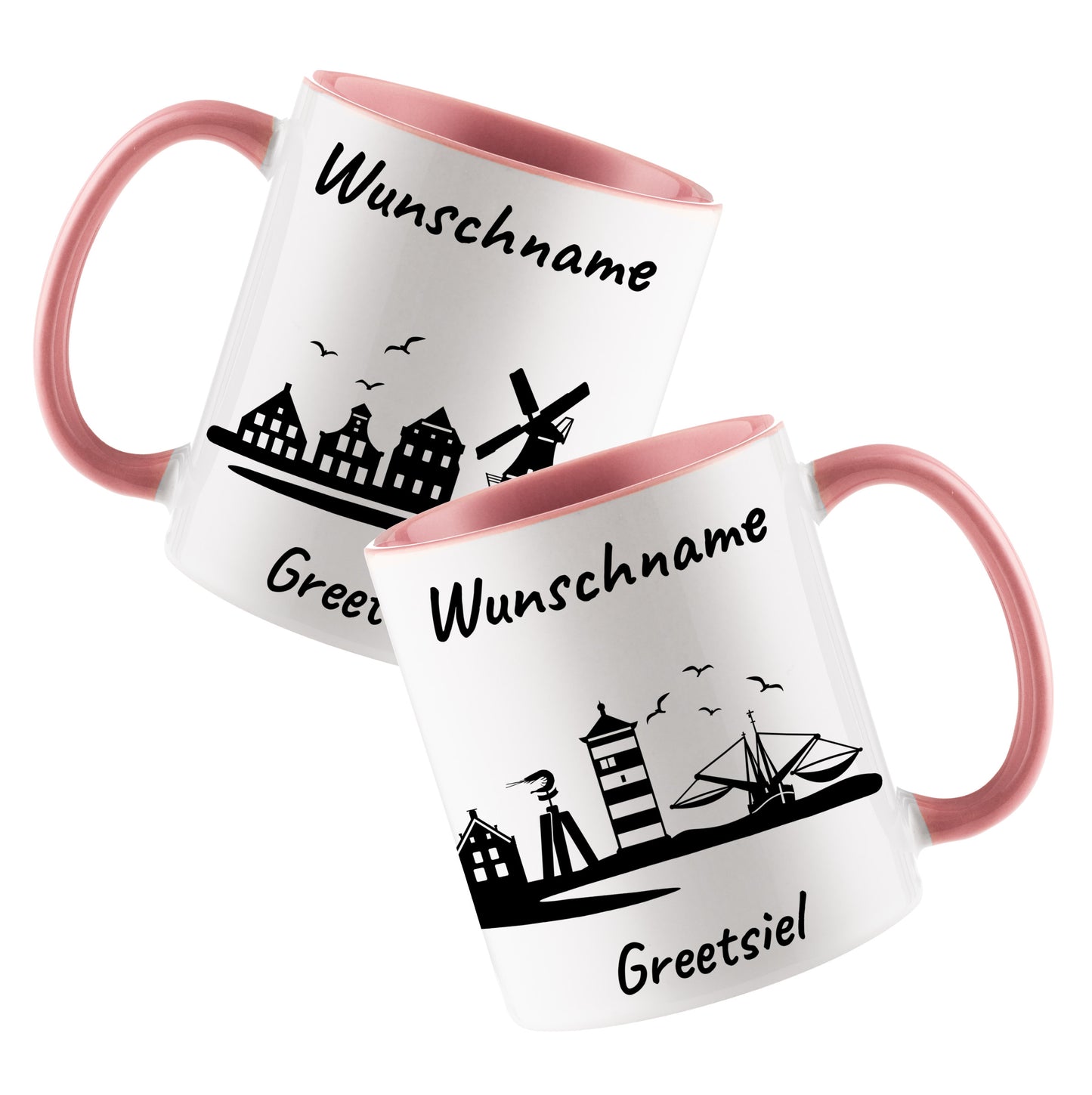 Tasse in Rosa 330ml bedruckt mit der Skyline von Greetsiel personalisierbar mit Wunschname