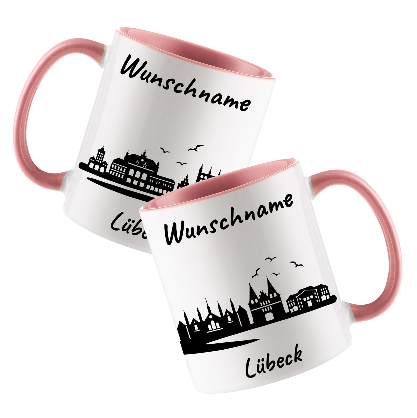 Tasse in Rosa 330ml bedruckt mit der Skyline von Lübeck personalisierbar mit Wunschname