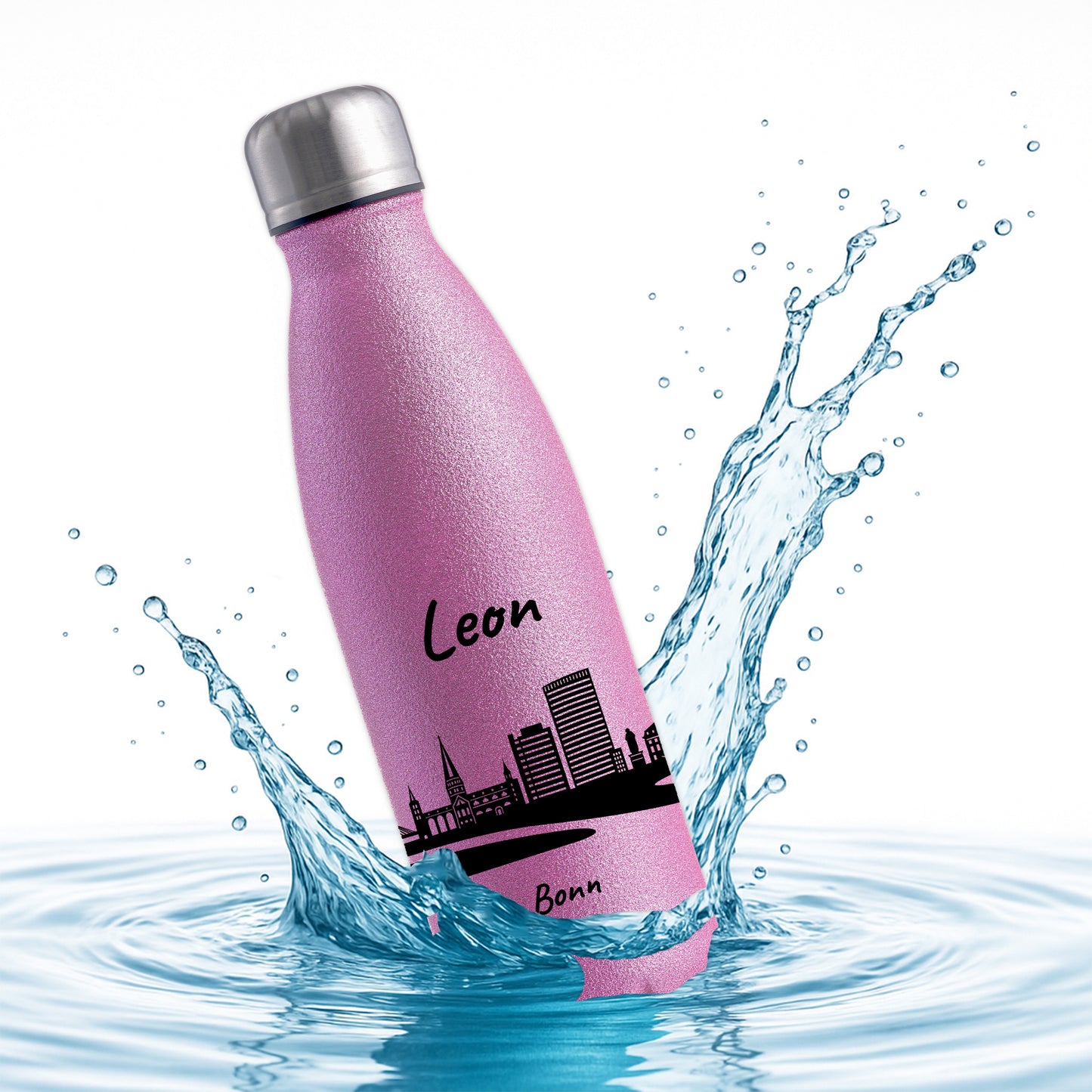 Glitzer Trinkflasche in Rosa 500ml aus Edelstahl bedruckt mit der Skyline von Bonn personalisierbar mit Wunschname