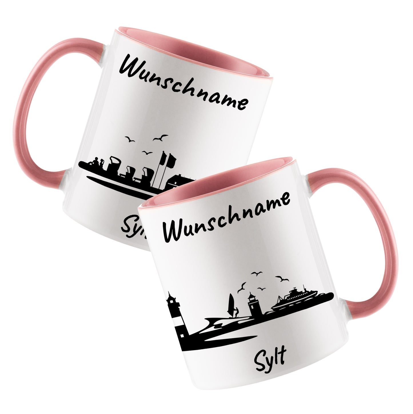 Tasse in Rosa 330ml bedruckt mit der Skyline von Sylt personalisierbar mit Wunschname