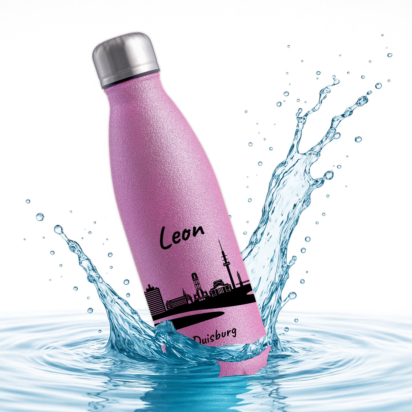 Glitzer Trinkflasche in Rosa 500ml aus Edelstahl bedruckt mit der Skyline von Duisburg personalisierbar mit Wunschname