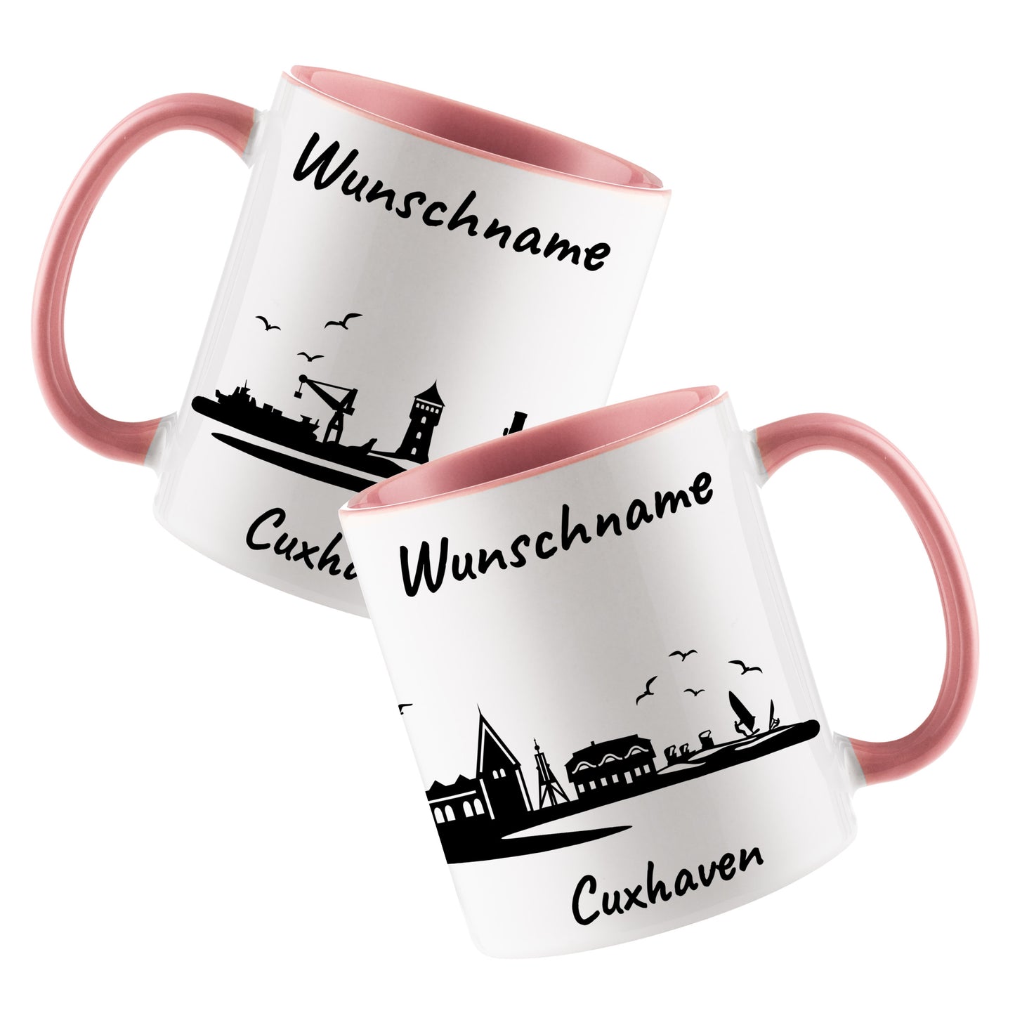 Tasse in Rosa 330ml bedruckt mit der Skyline von Cuxhaven personalisierbar mit Wunschname