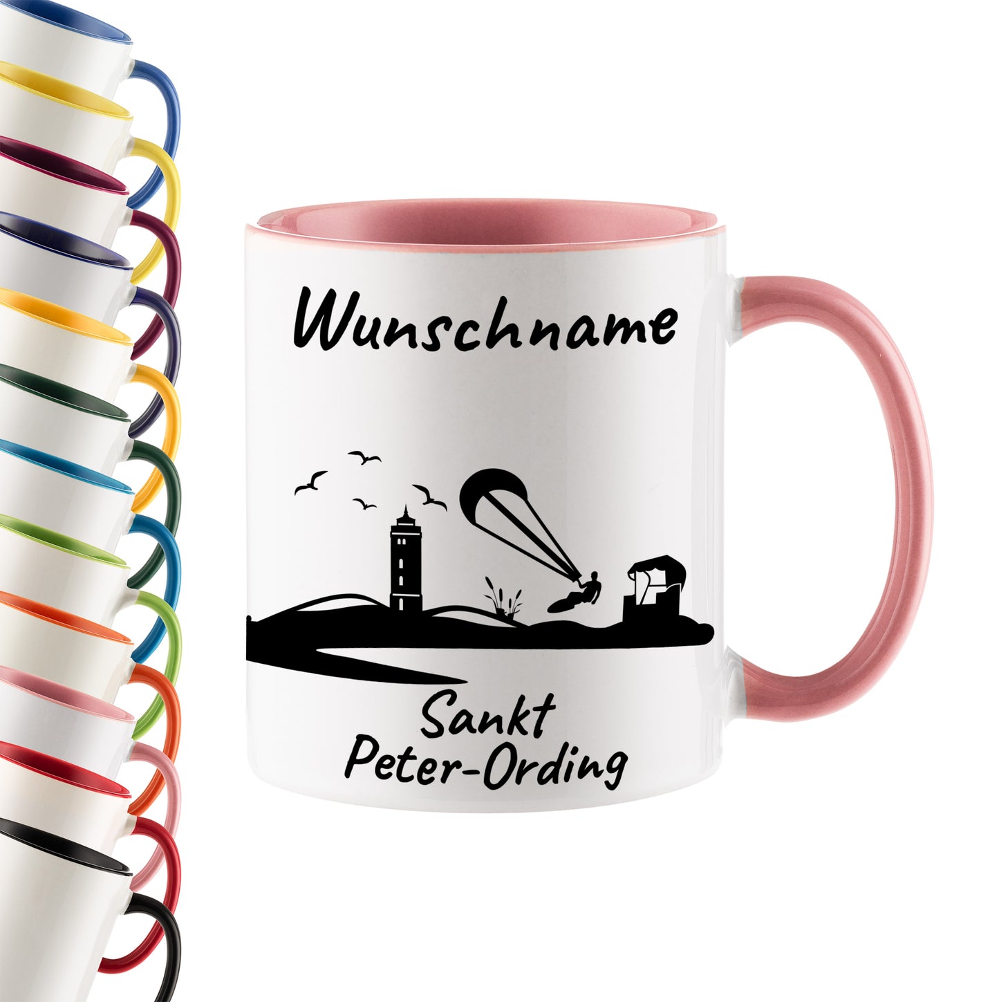 Tasse in Rosa 330ml bedruckt mit der Skyline von Sankt Peter-Ording personalisierbar mit Wunschname