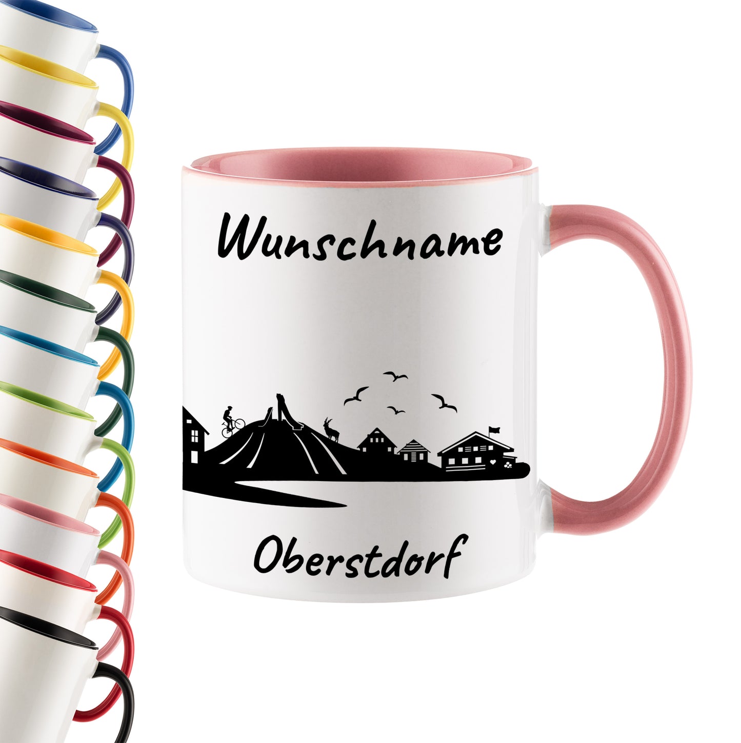 Tasse in Rosa 330ml bedruckt mit der Skyline von Oberstdorf personalisierbar mit Wunschname