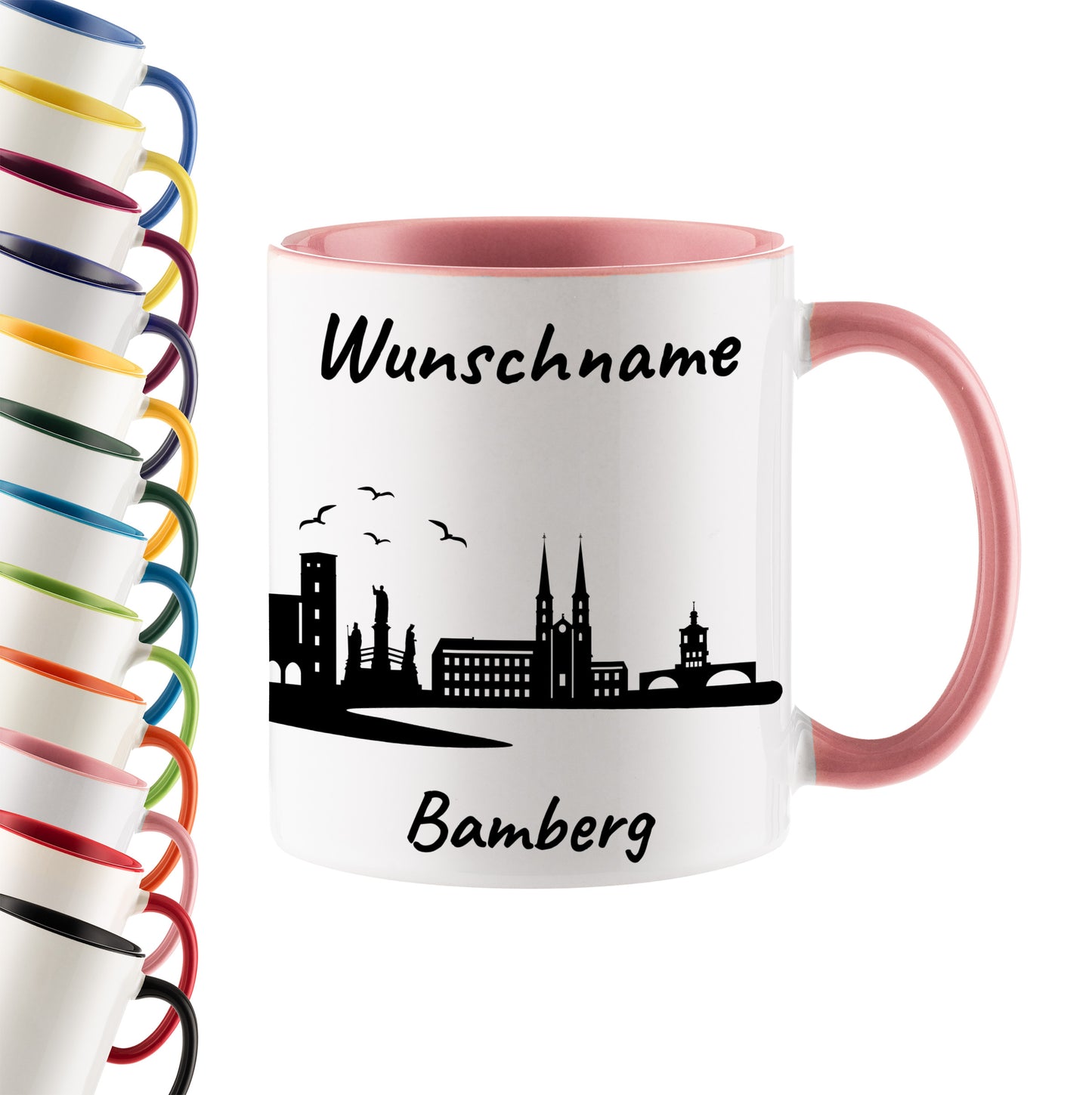 Tasse in Rosa 330ml bedruckt mit der Skyline von Bamberg personalisierbar mit Wunschname