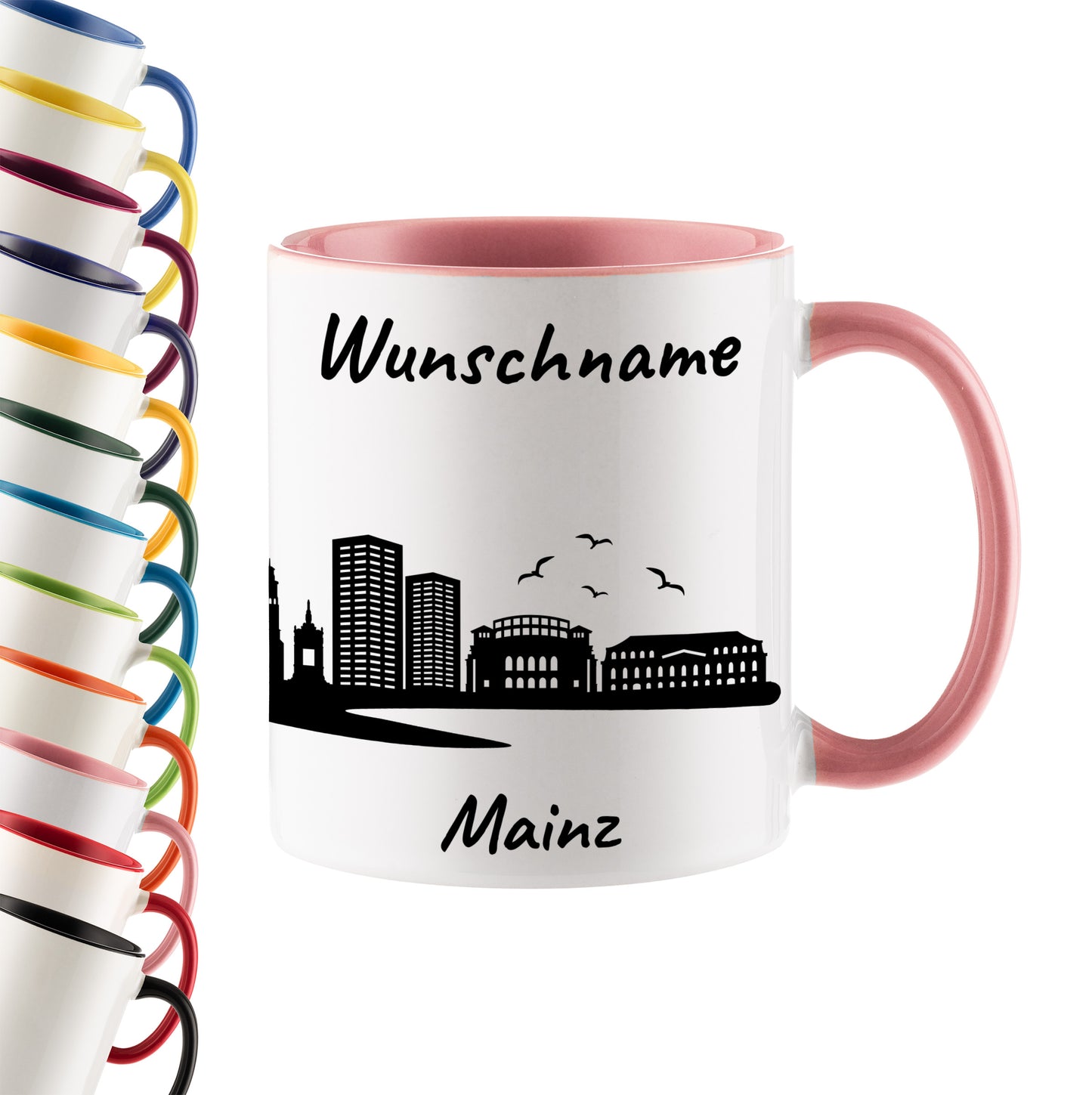 Tasse in Rosa 330ml bedruckt mit der Skyline von Mainz personalisierbar mit Wunschname