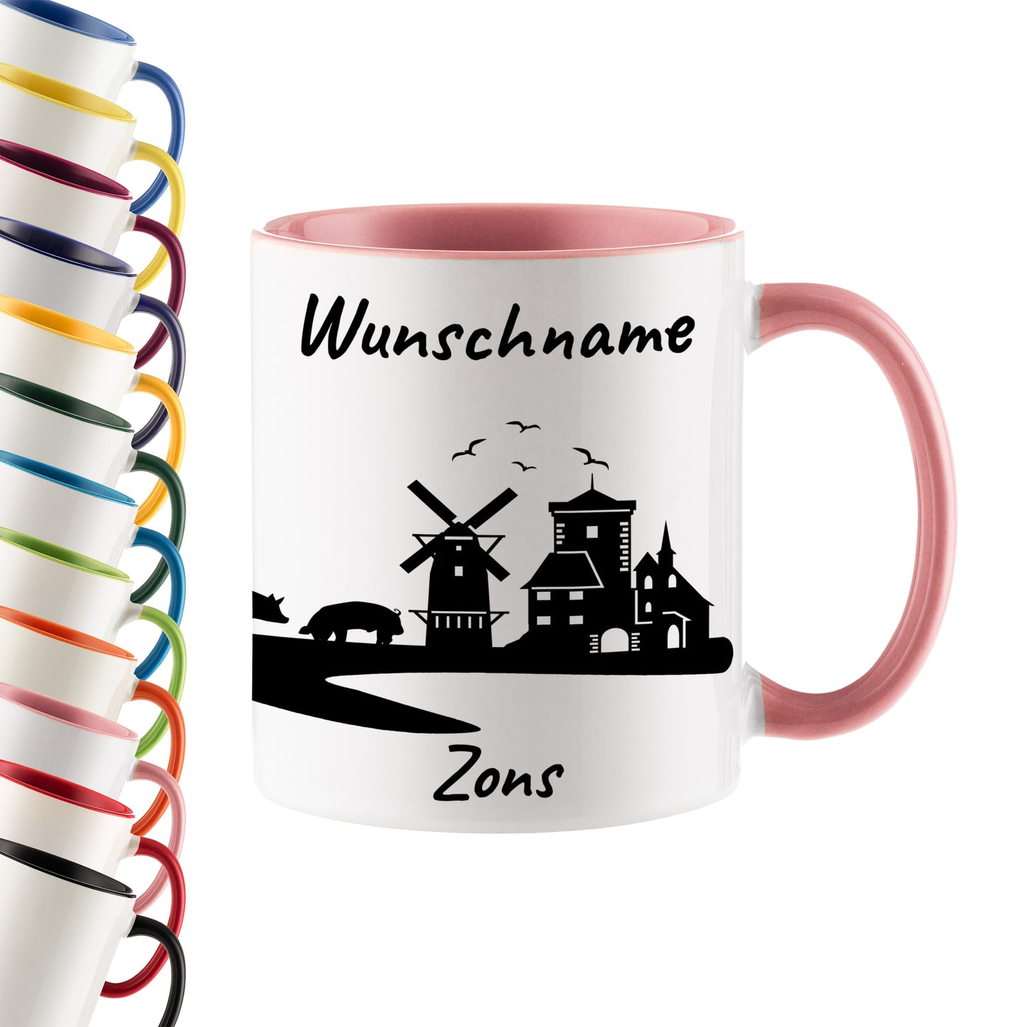 Tasse in Rosa 330ml bedruckt mit der Skyline von Zons (Dormagen) personalisierbar mit Wunschname
