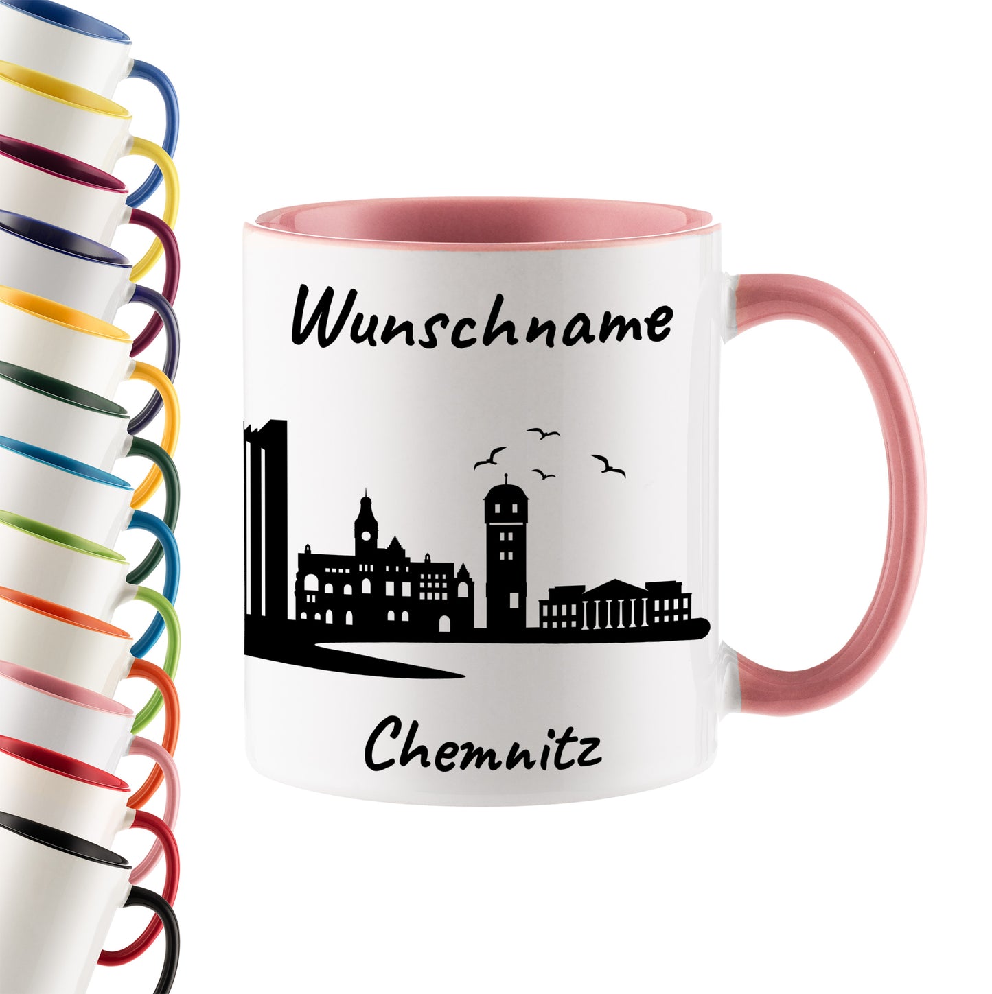 Tasse in Rosa 330ml bedruckt mit der Skyline von Chemnitz personalisierbar mit Wunschname