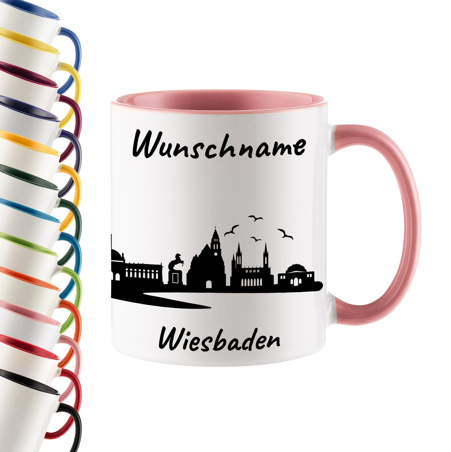 Tasse in Rosa 330ml bedruckt mit der Skyline von Wiesbaden personalisierbar mit Wunschname