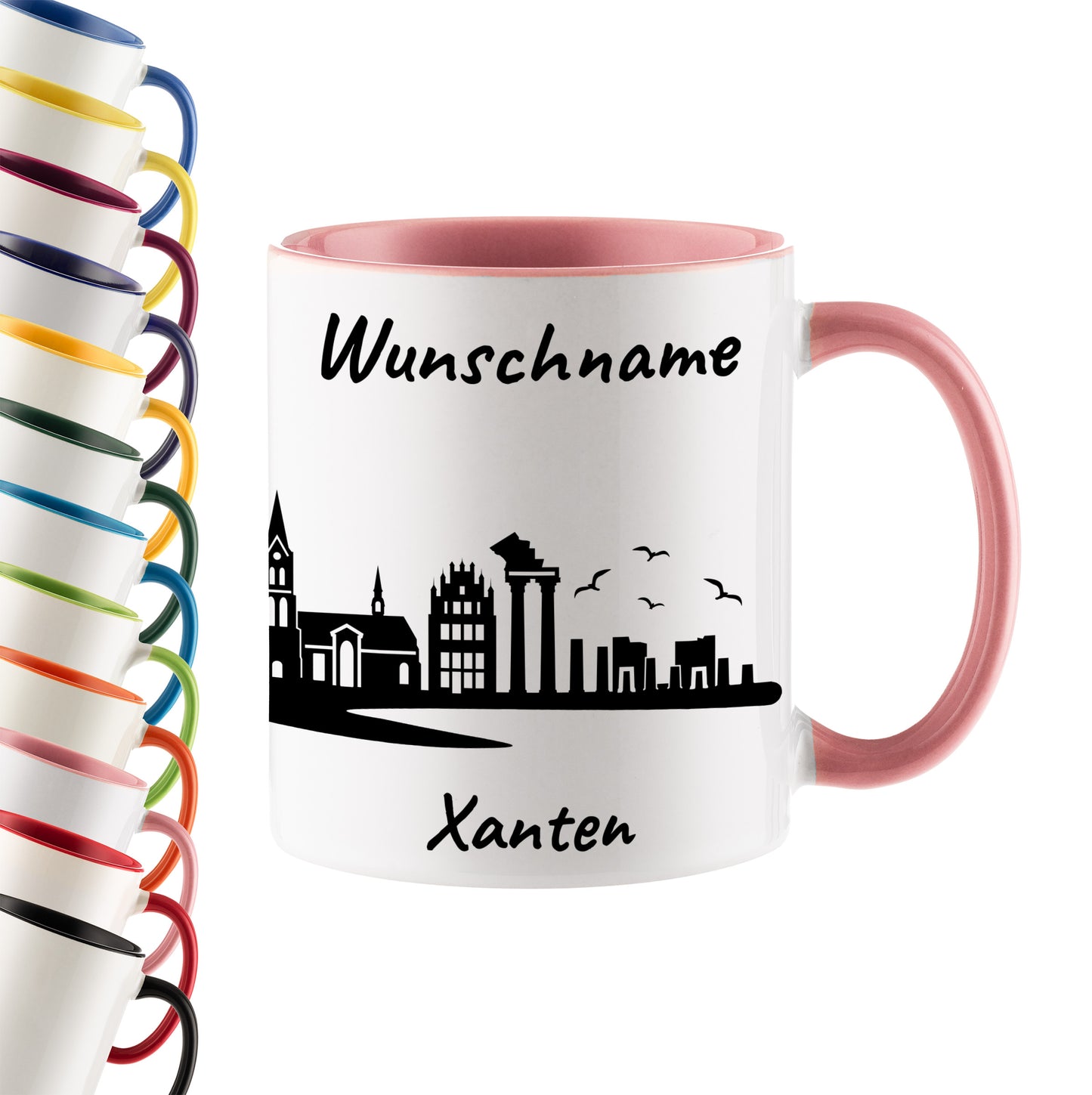 Tasse in Rosa 330ml bedruckt mit der Skyline von Xanten personalisierbar mit Wunschname