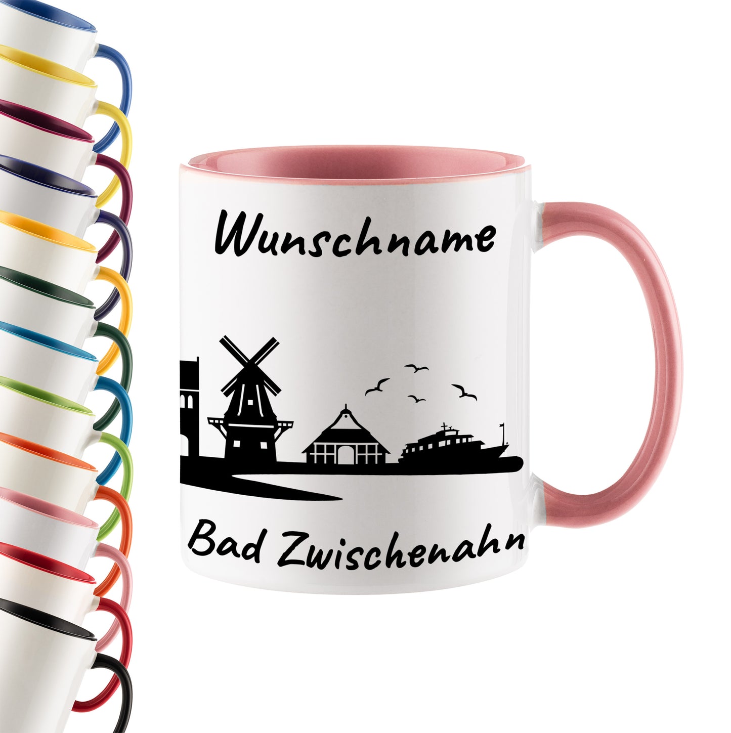 Tasse in Rosa 330ml bedruckt mit der Skyline von Bad Zwischenahn personalisierbar mit Wunschname