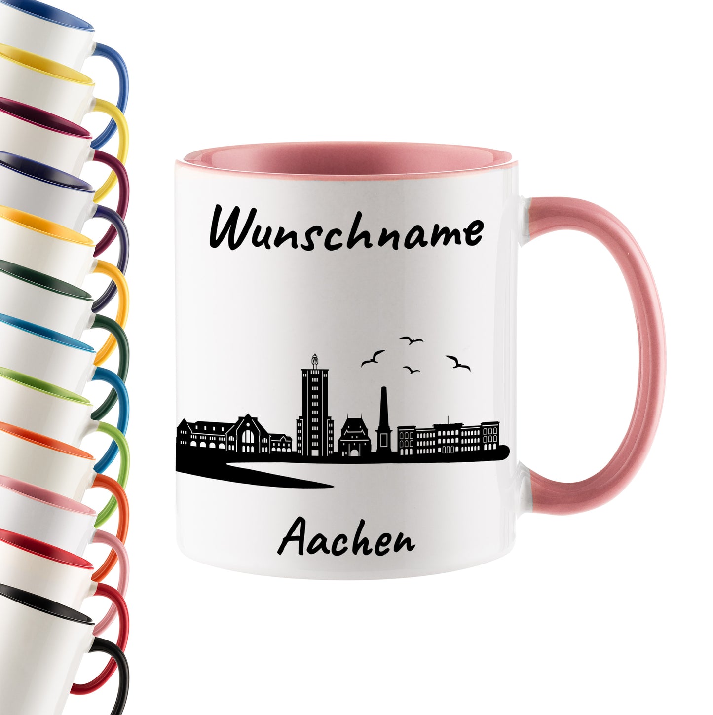Tasse in Rosa 330ml bedruckt mit der Skyline von Aachen personalisierbar mit Wunschname