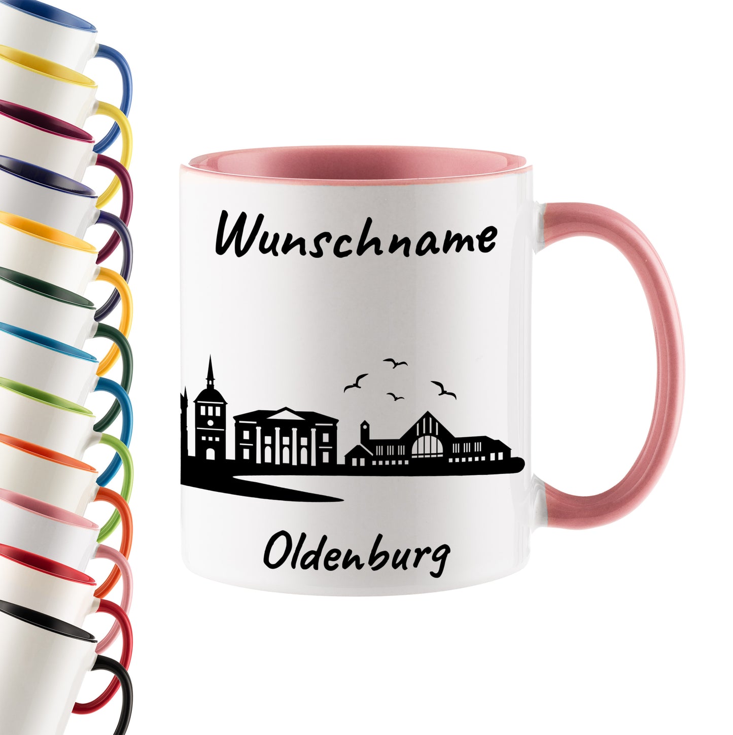Tasse in Rosa 330ml bedruckt mit der Skyline von Oldenburg personalisierbar mit Wunschname